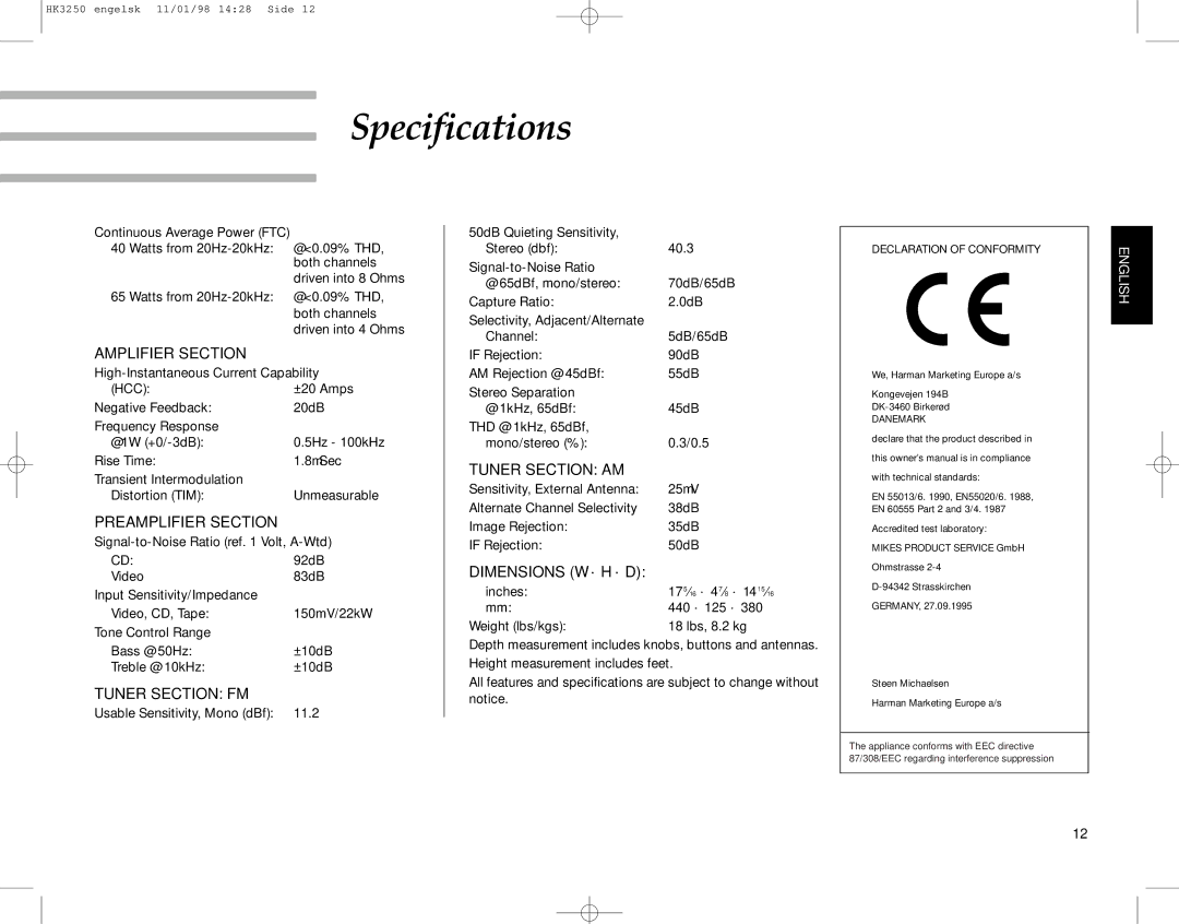 Harman-Kardon HK3250 manual Specifications 