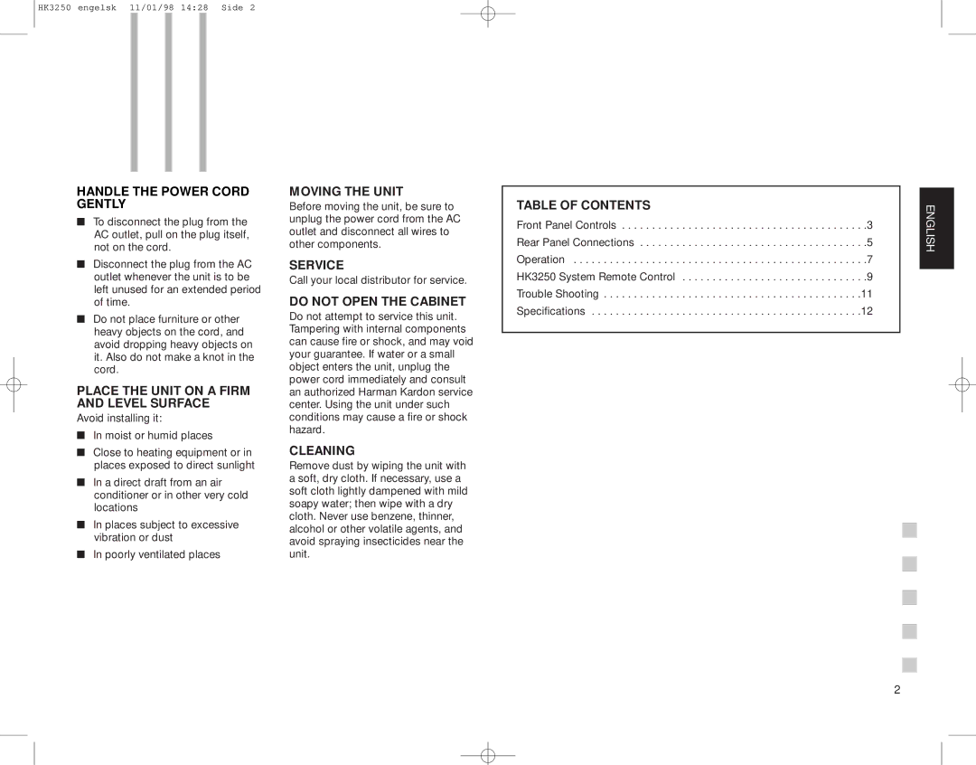 Harman-Kardon HK3250 Handle the Power Cord Gently, Place the Unit on a Firm and Level Surface, Moving the Unit, Service 