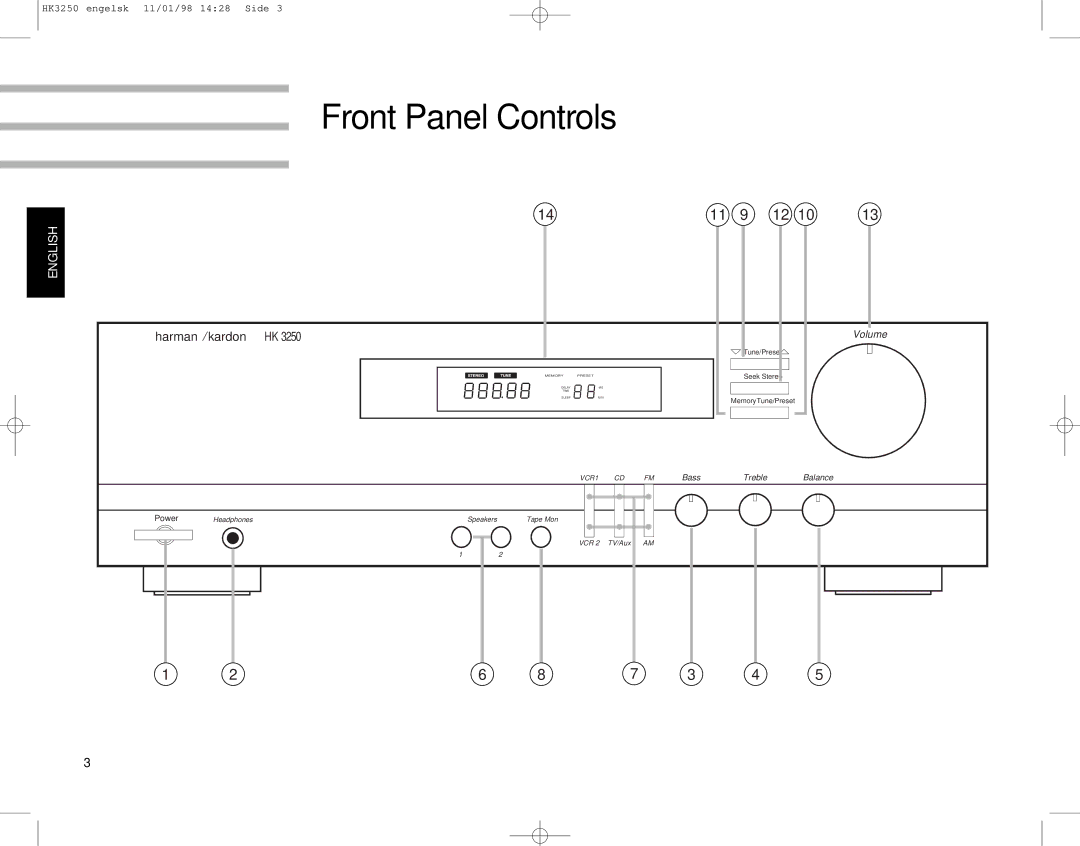 Harman-Kardon HK3250 manual Front Panel Controls, Harman / kardon HK 