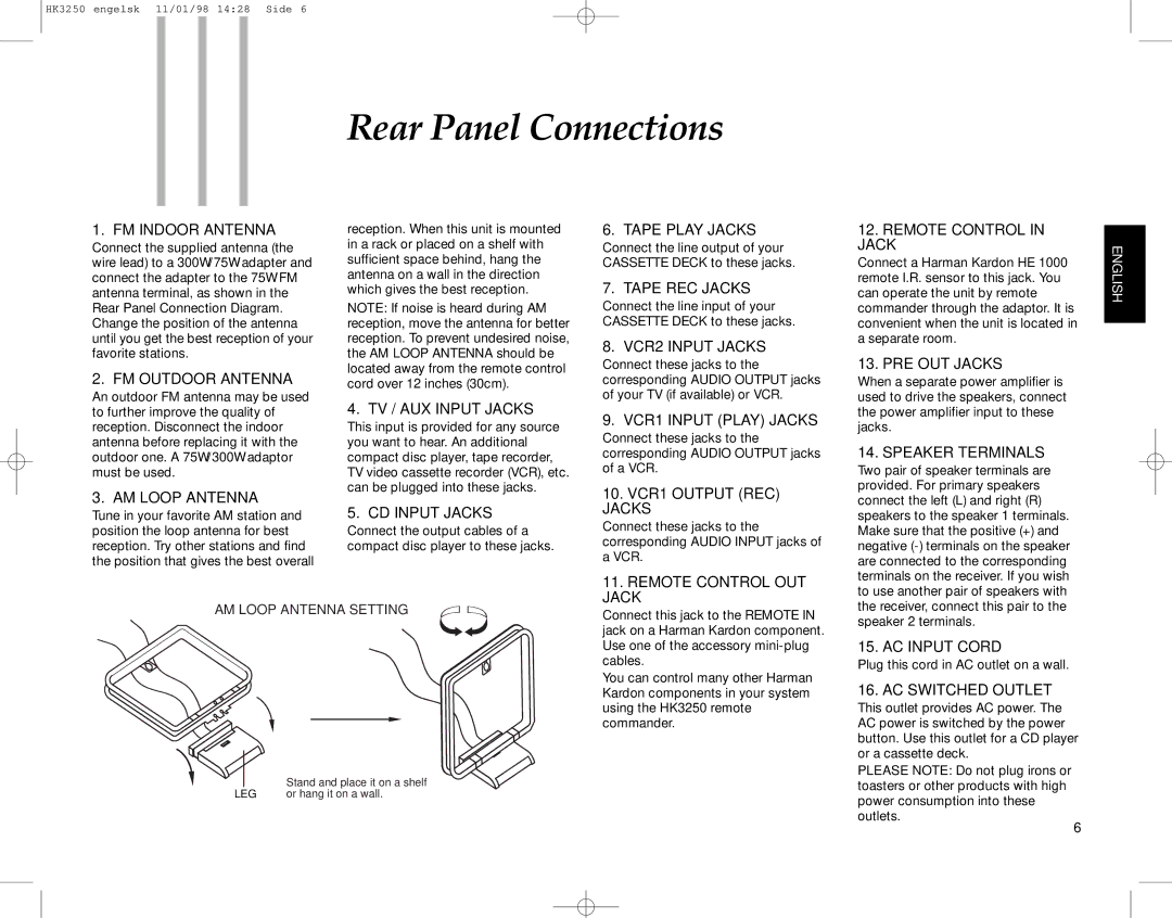 Harman-Kardon HK3250 manual FM Indoor Antenna, FM Outdoor Antenna, AM Loop Antenna, TV / AUX Input Jacks, CD Input Jacks 