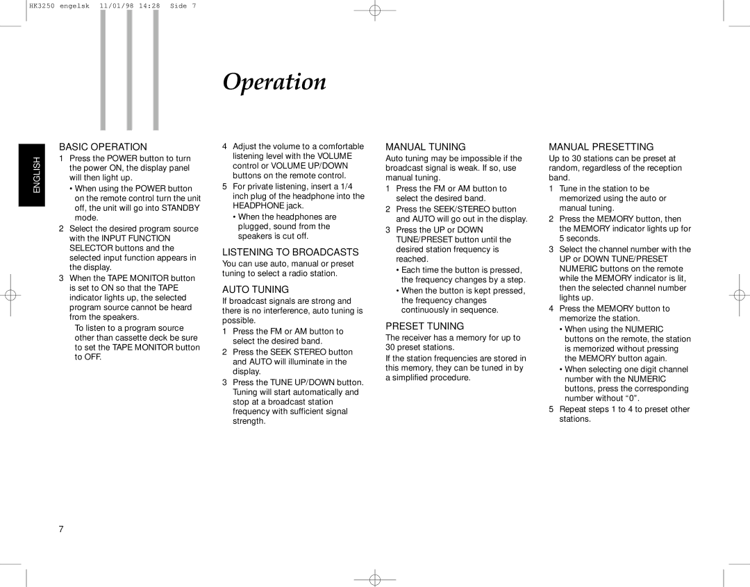 Harman-Kardon HK3250 manual Operation 