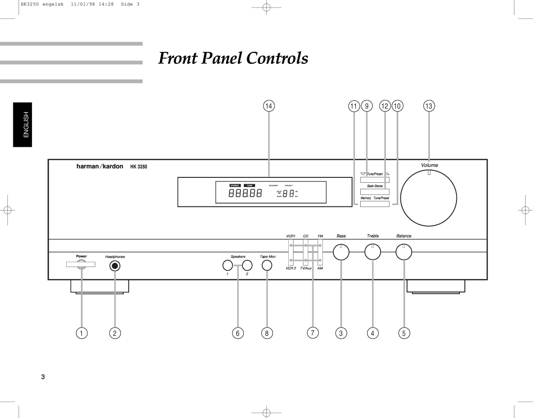 Harman-Kardon Front Panel Controls, English, harman / kardon HK, HK3250 engelsk 11/01/98 1428 Side, Volume, Bass, VCR1 