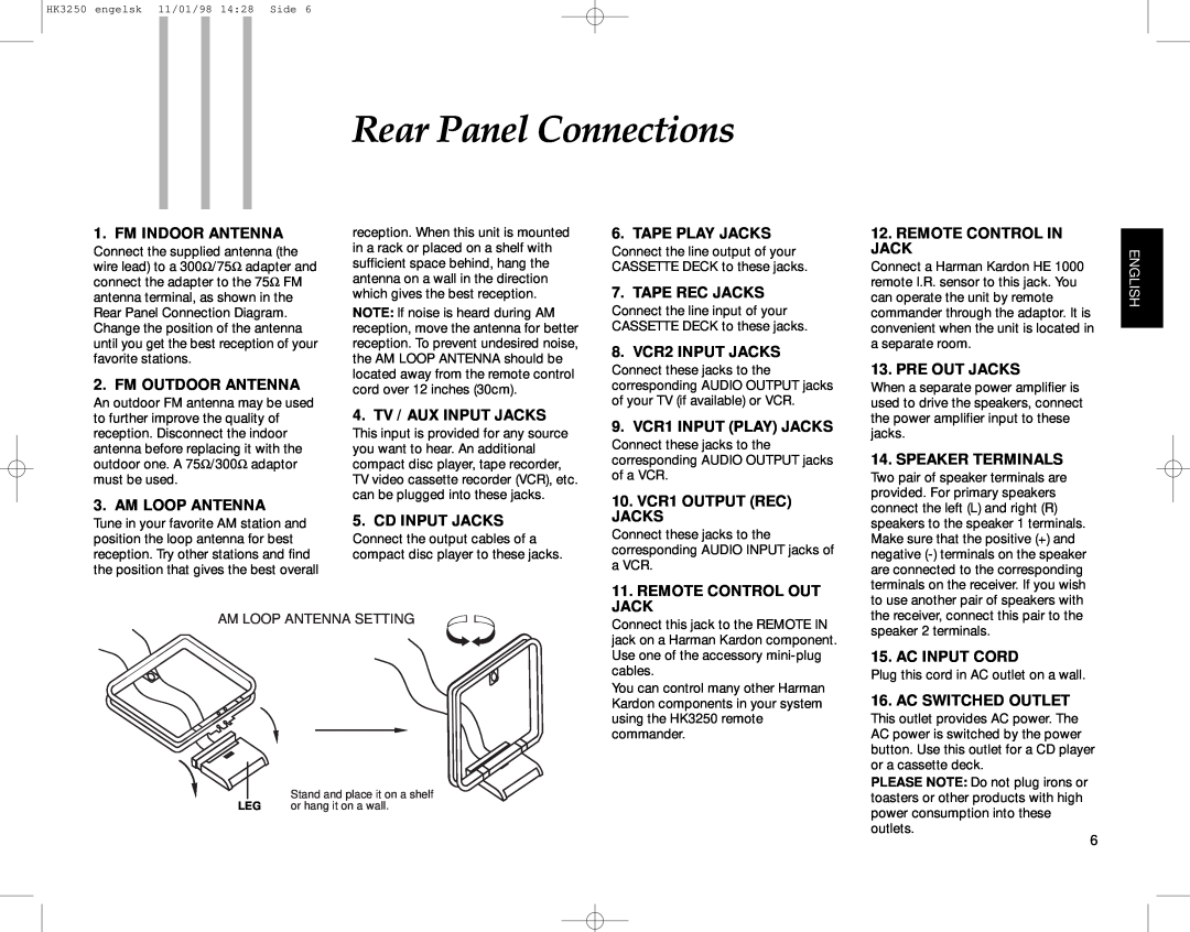 Harman-Kardon HK3250 manual Rear Panel Connections, Fm Indoor Antenna 