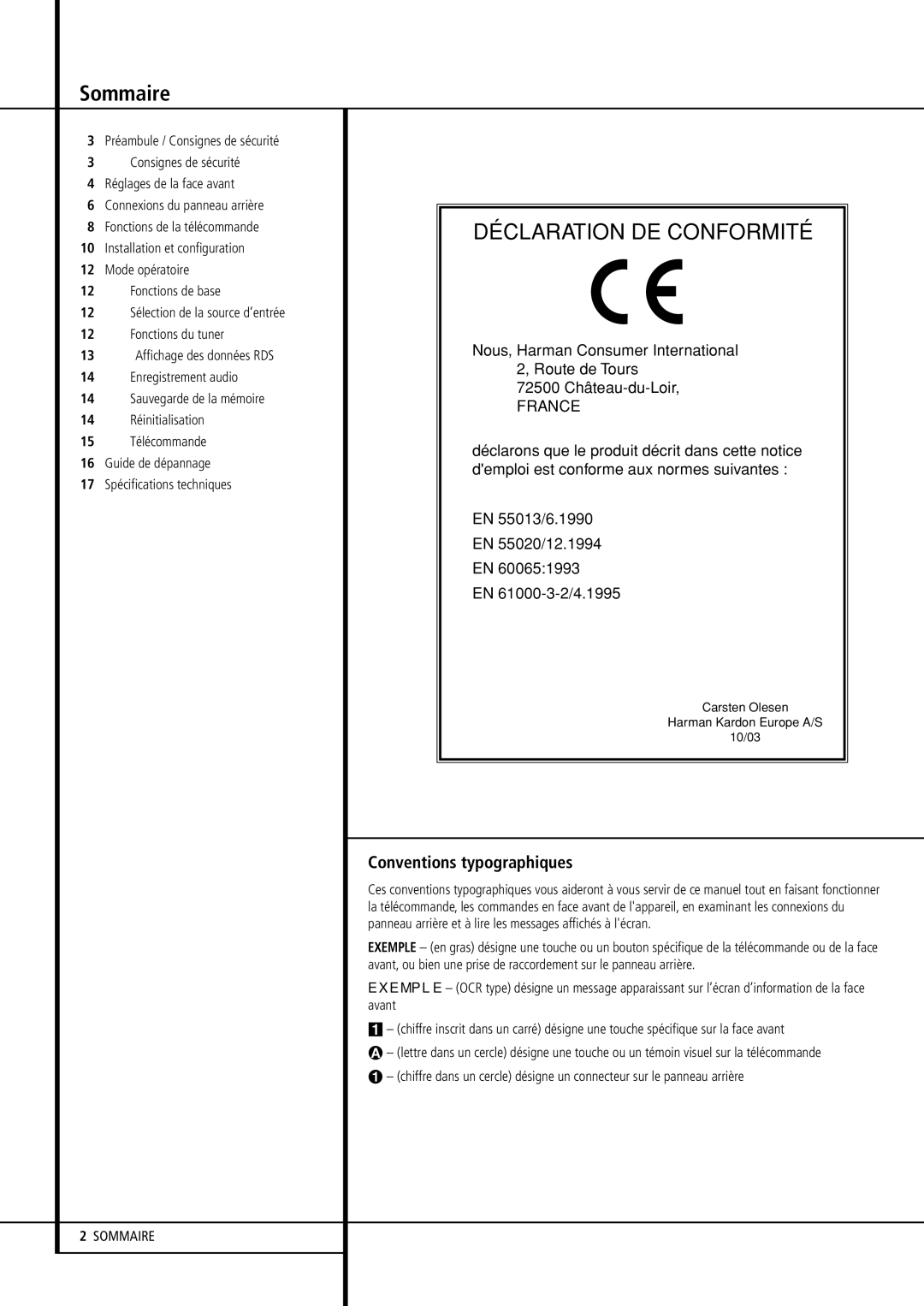 Harman-Kardon HK3380 manual Sommaire, Conventions typographiques 