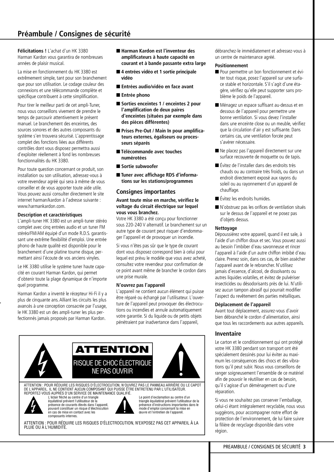 Harman-Kardon HK3380 manual Préambule / Consignes de sécurité, Consignes importantes, Inventaire 