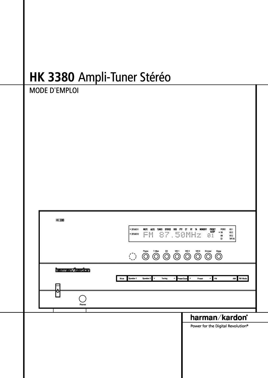 Harman-Kardon HK3380 manual HK 3380 Ampli-TunerStéréo, Mode Demploi, Phono, Speaker, Sleep, Tape M 