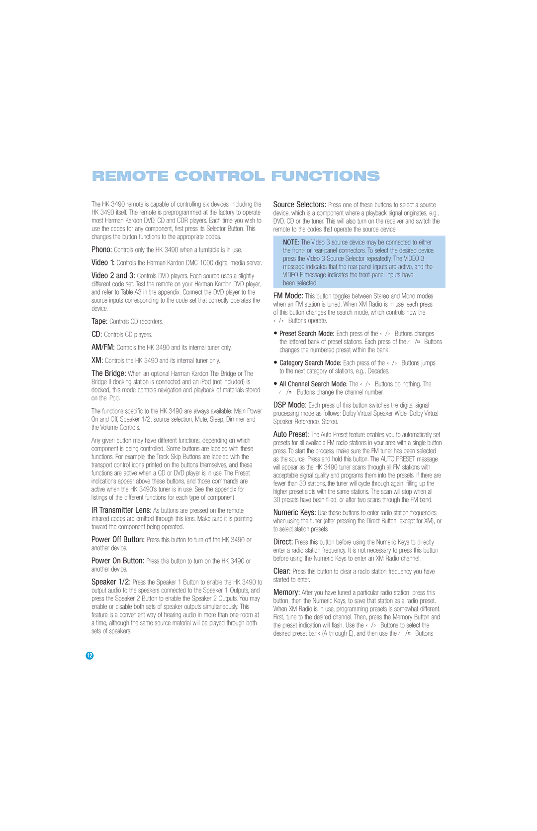 Harman-Kardon HK3490 Remote Control Functions, Tape Controls CD recorders CD Controls CD players, Been selected 