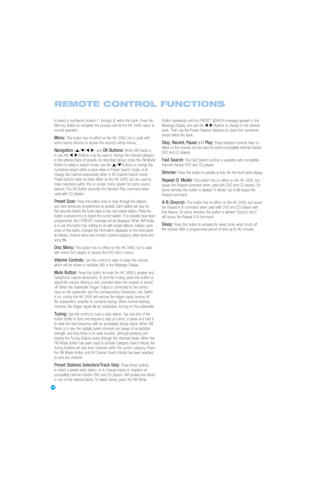 Harman-Kardon HK3490 owner manual Remote Control Functions 