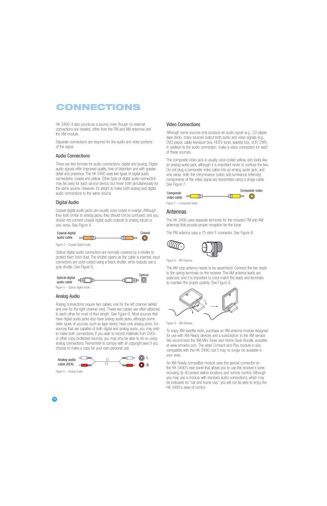 Harman-Kardon HK3490 owner manual Antennas, Audio Connections, Video Connections, Digital Audio, Analog Audio 