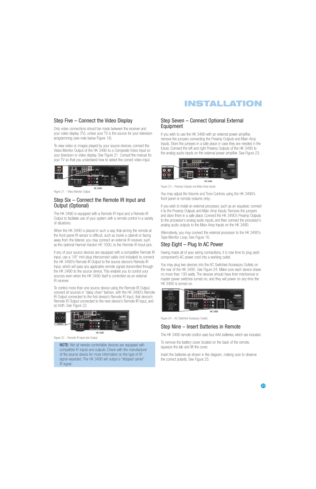 Harman-Kardon HK3490 Step Five Connect the Video Display, Step Six Connect the Remote IR Input and Output Optional 