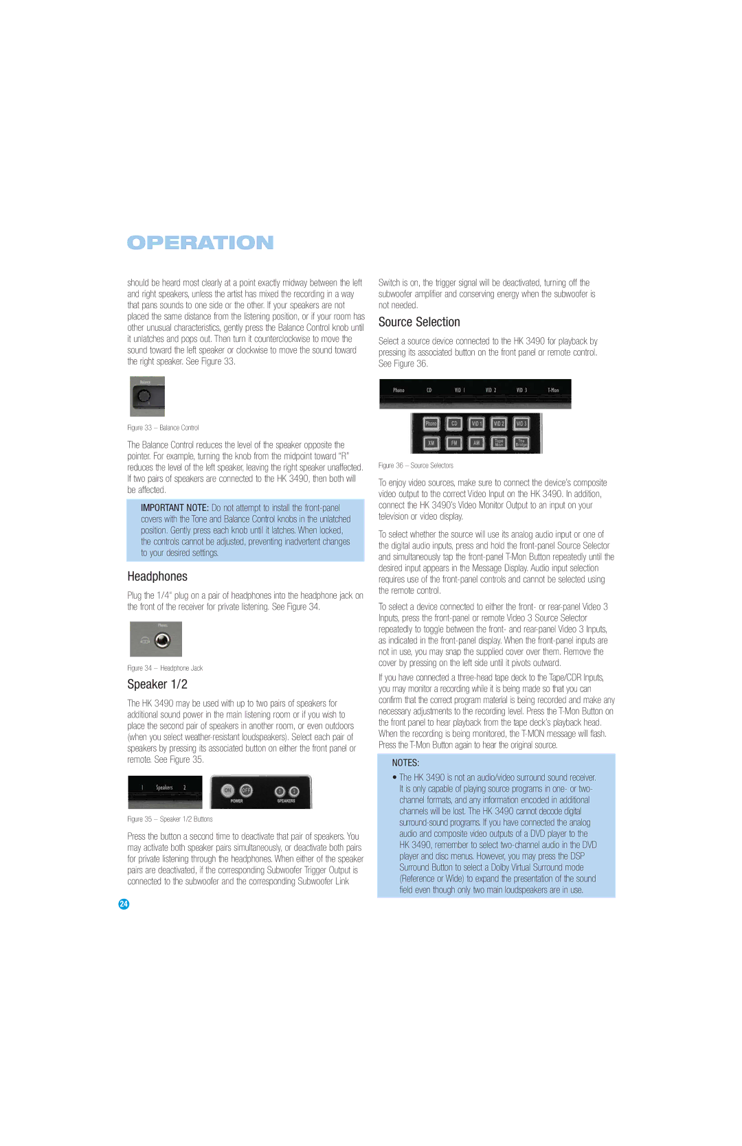 Harman-Kardon HK3490 owner manual Headphones, Speaker 1/2, Source Selection 