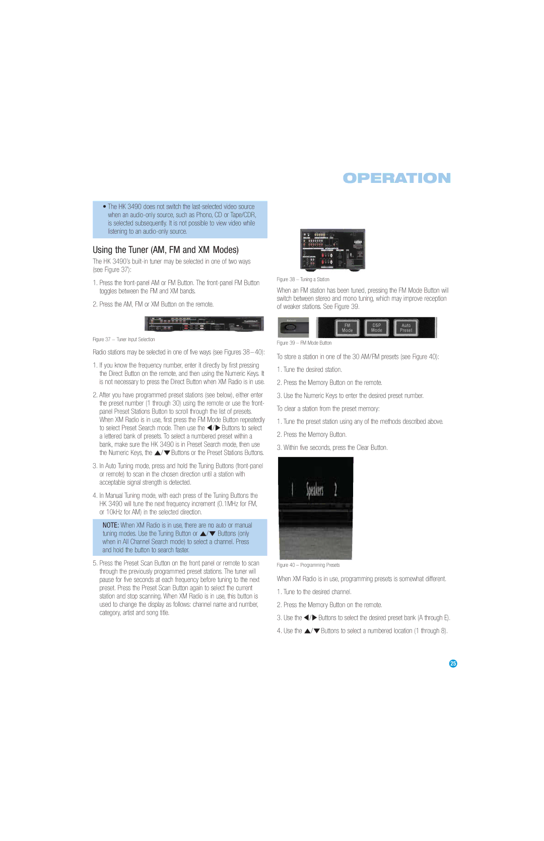 Harman-Kardon HK3490 owner manual Using the Tuner AM, FM and XM Modes, Press the AM, FM or XM Button on the remote 