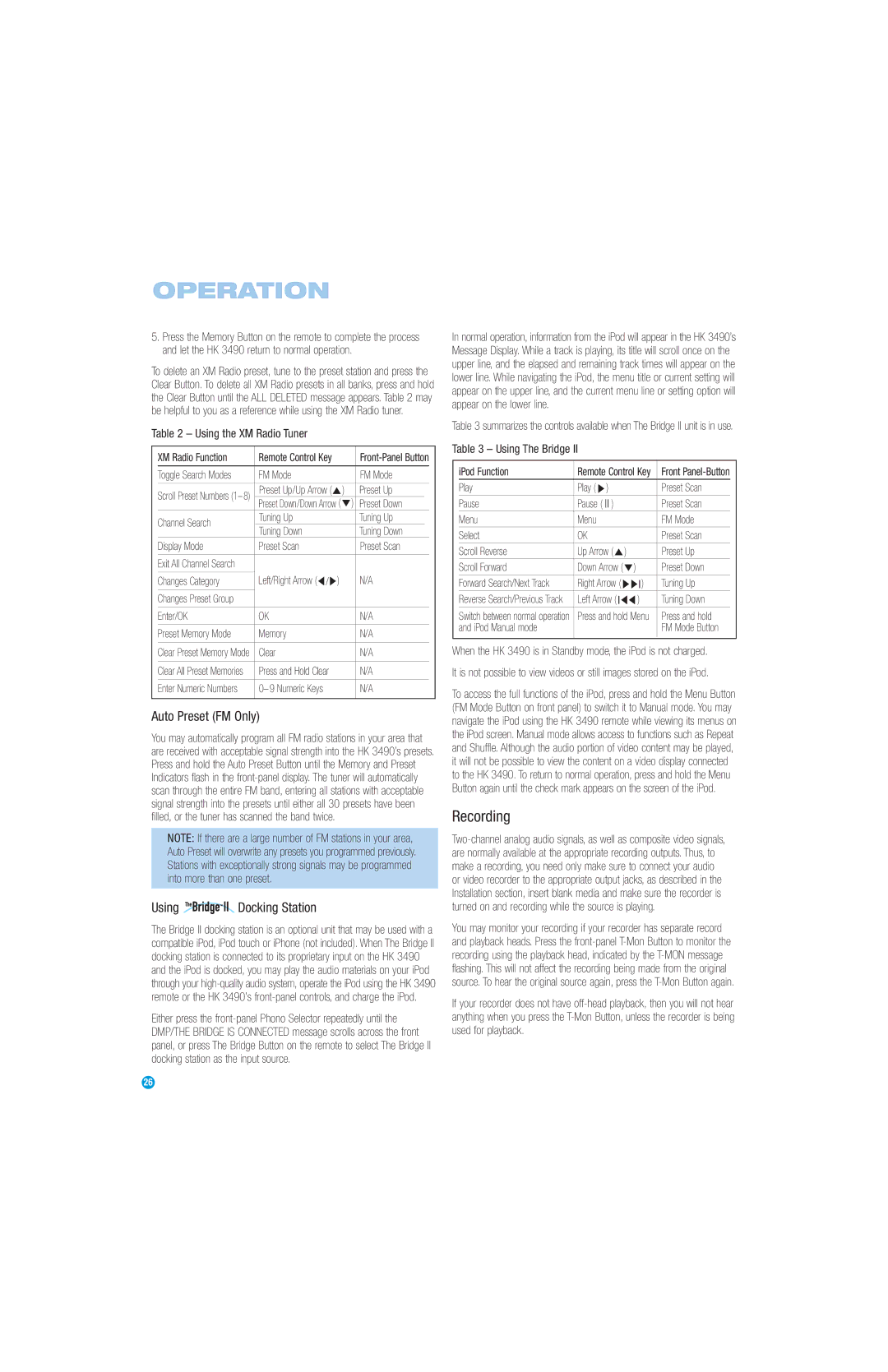 Harman-Kardon HK3490 Recording, Auto Preset FM Only, Using Docking Station, Using the XM Radio Tuner, Using The Bridge 