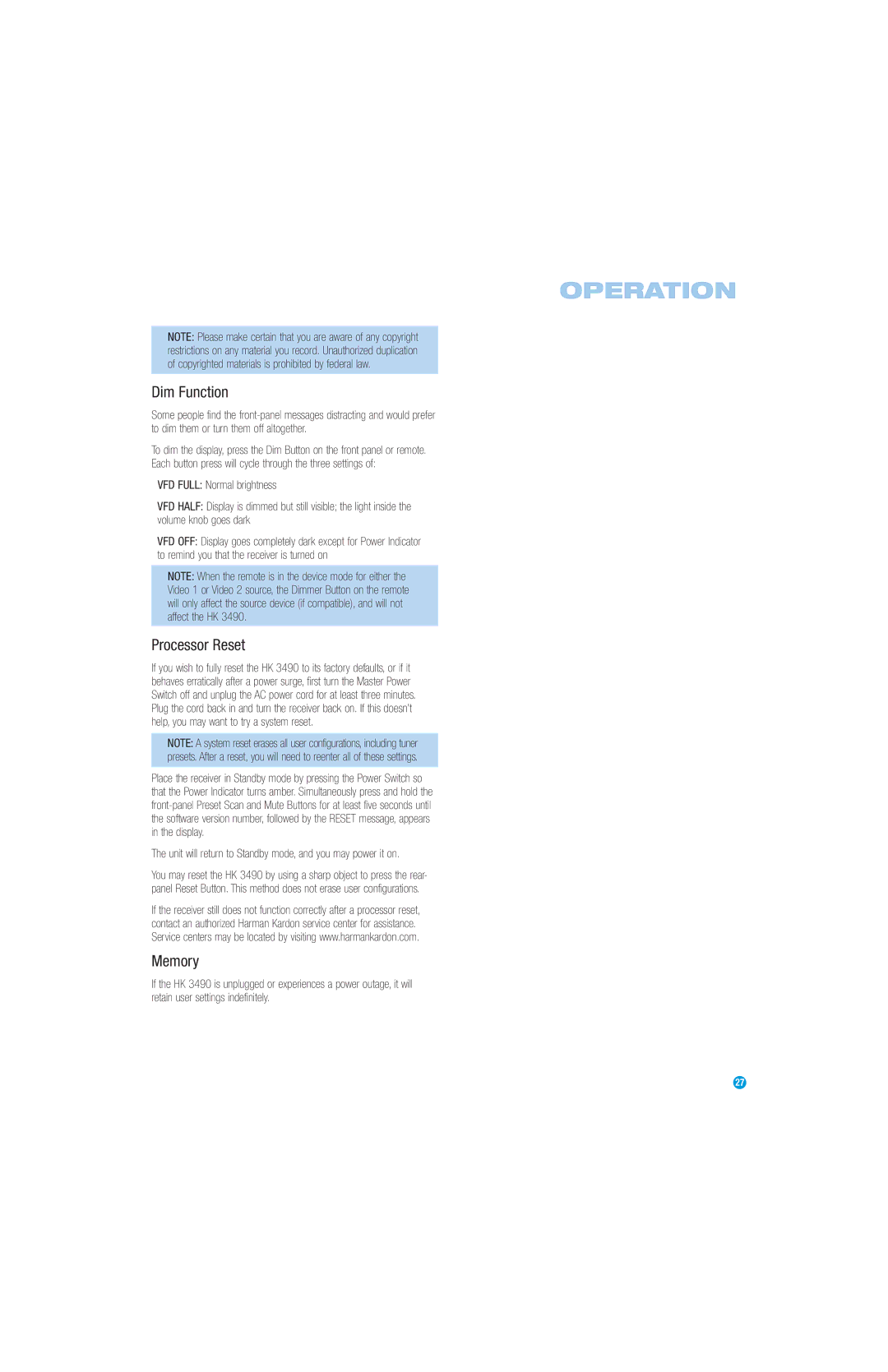 Harman-Kardon HK3490 Dim Function, Processor Reset, Memory, Unit will return to Standby mode, and you may power it on 