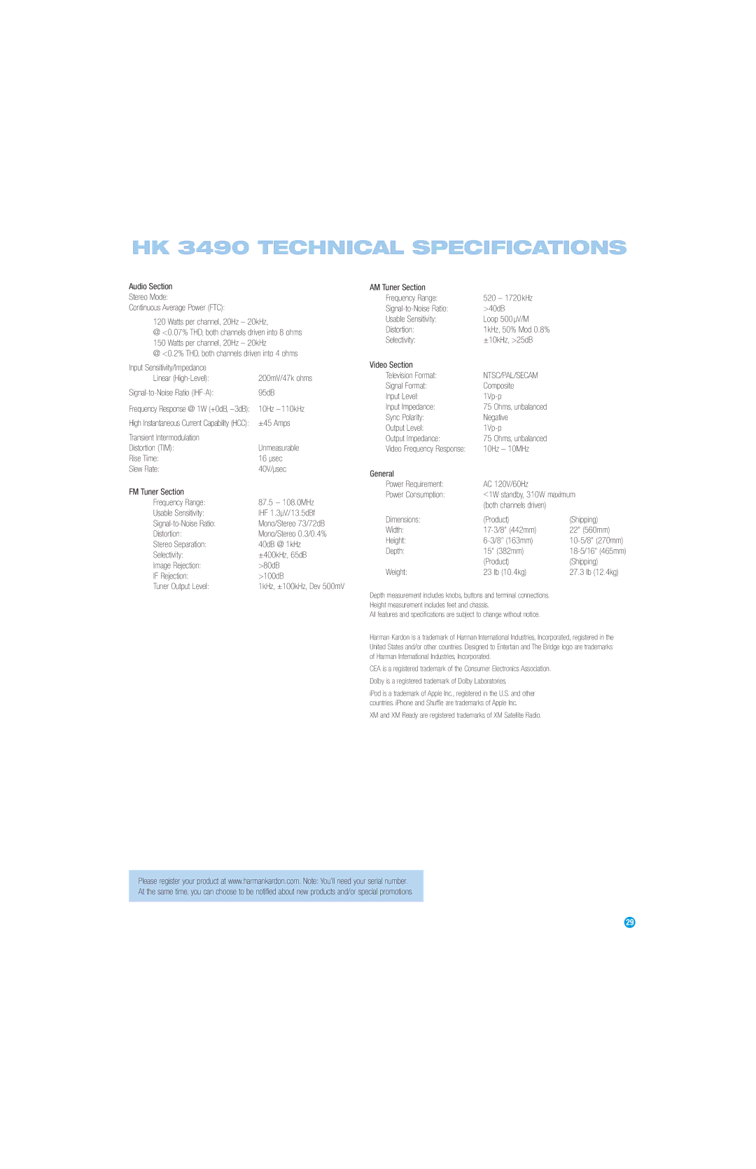 Harman-Kardon HK3490 owner manual HK 3490 Technical Specifications, Ntsc/Pal/Secam 