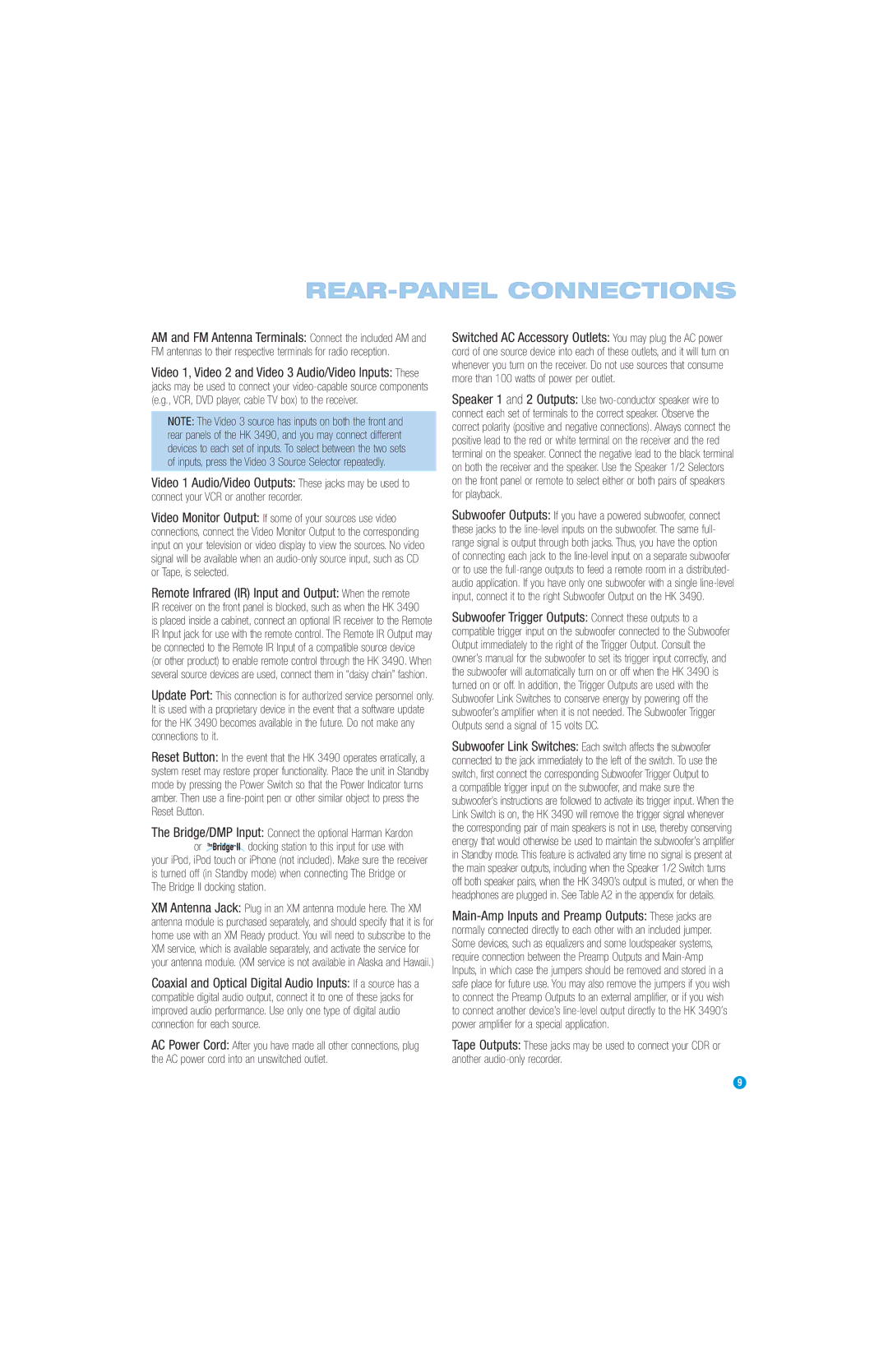 Harman-Kardon HK3490 owner manual REAR-PANEL Connections 