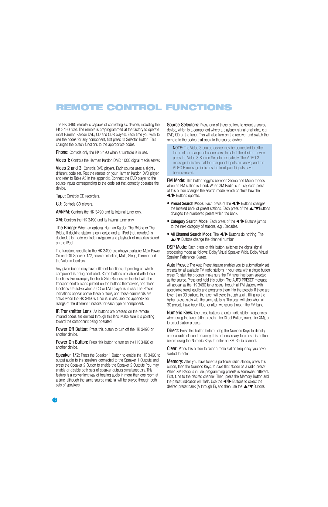 Harman-Kardon HK3490 owner manual Remote Control Functions 