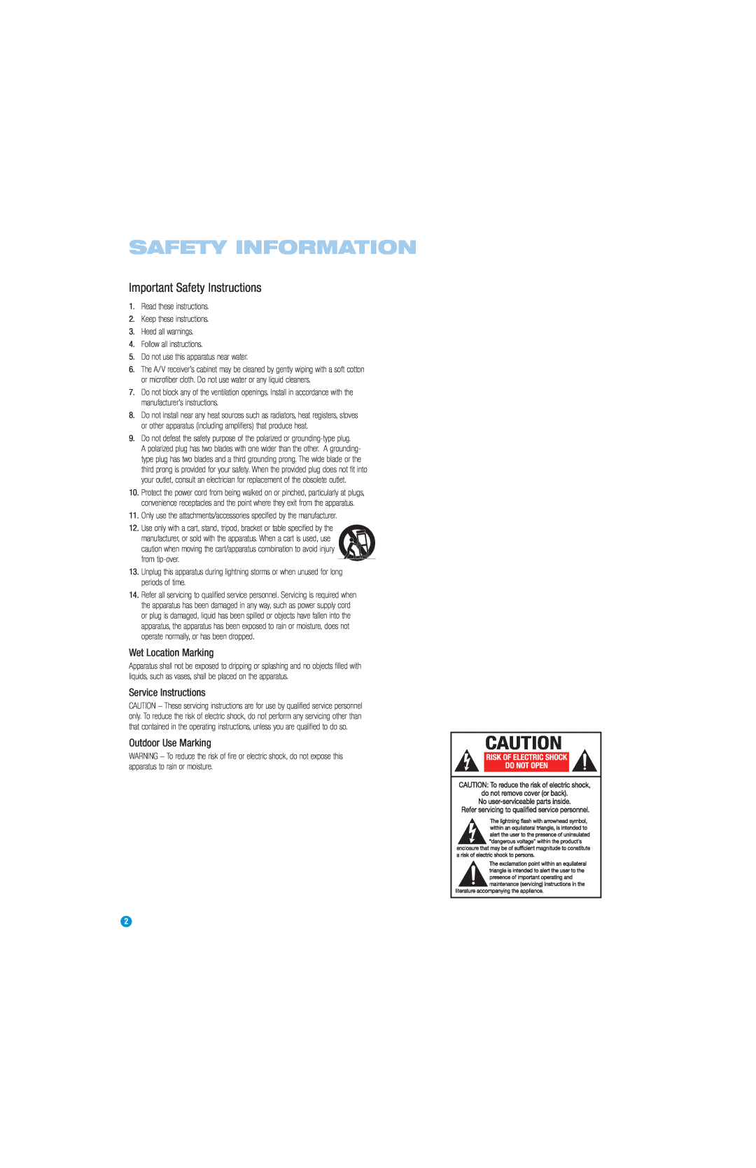 Harman-Kardon HK3490 Safety Information, Important Safety Instructions, Wet Location Marking, Service Instructions 