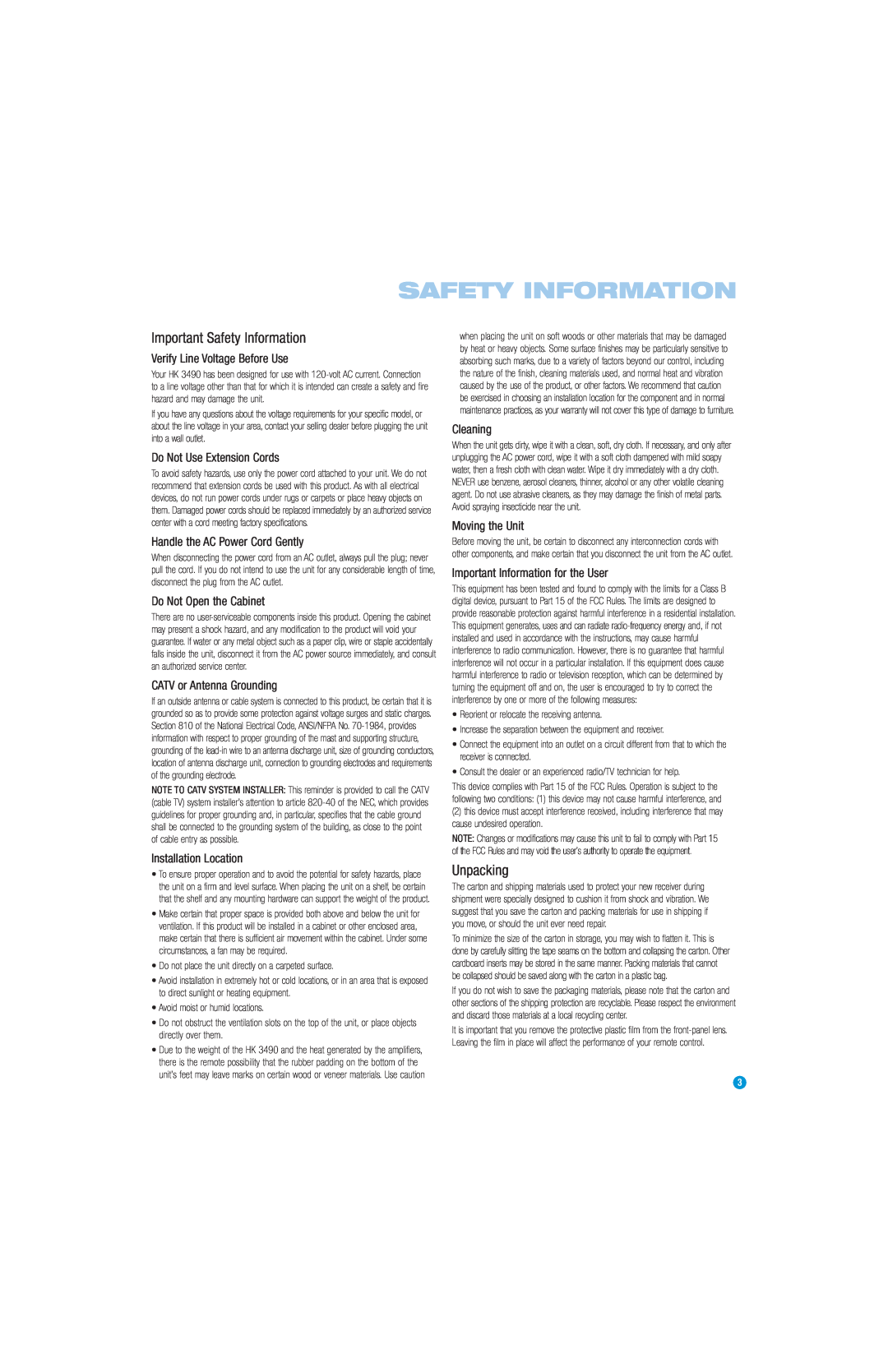 Harman-Kardon HK3490 Important Safety Information, Unpacking, Verify Line Voltage Before Use, Do Not Use Extension Cords 