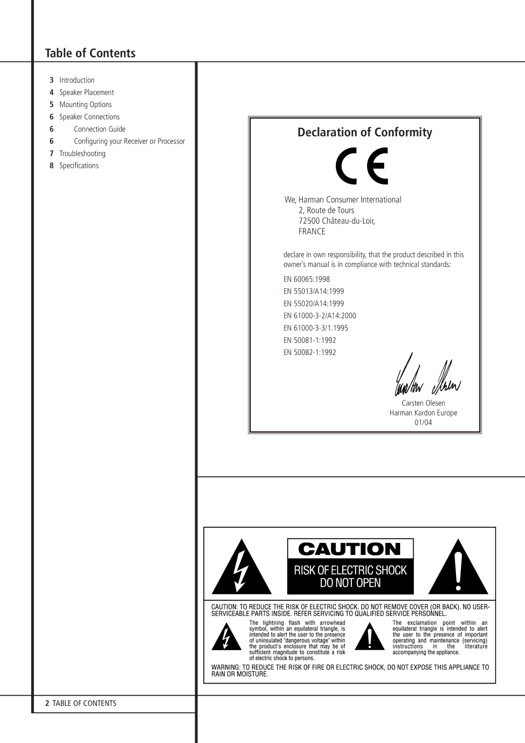 Harman-Kardon HKS 4 owner manual Table of Contents, Declaration of Conformity 