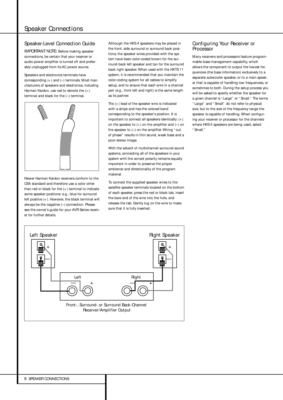 Harman-Kardon HKS 4 owner manual Speaker Connections, Configuring Your Receiver or Processor, Left Speaker 