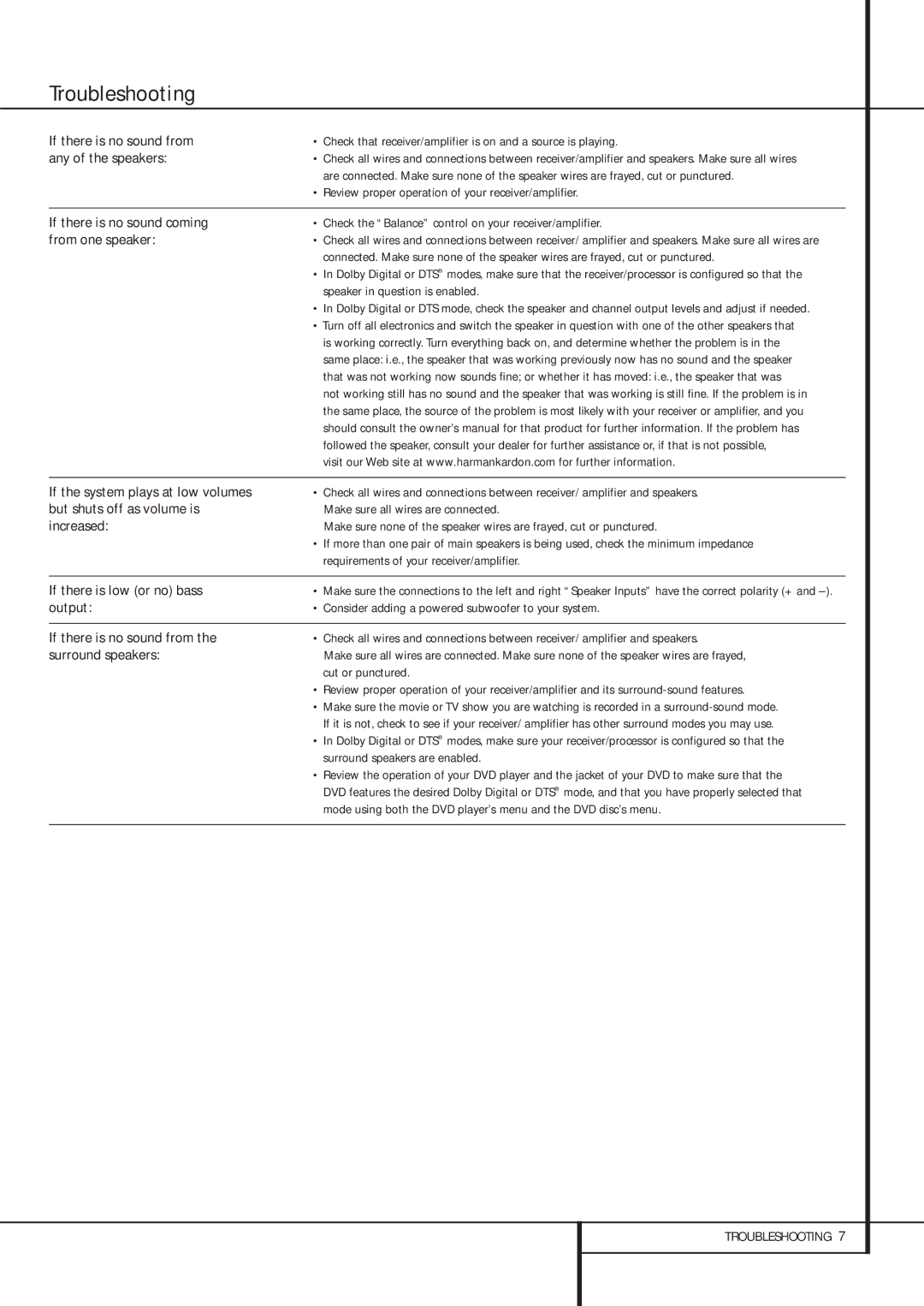 Harman-Kardon HKS 4 Troubleshooting, If there is low or no bass, Output, If there is no sound from, Surround speakers 