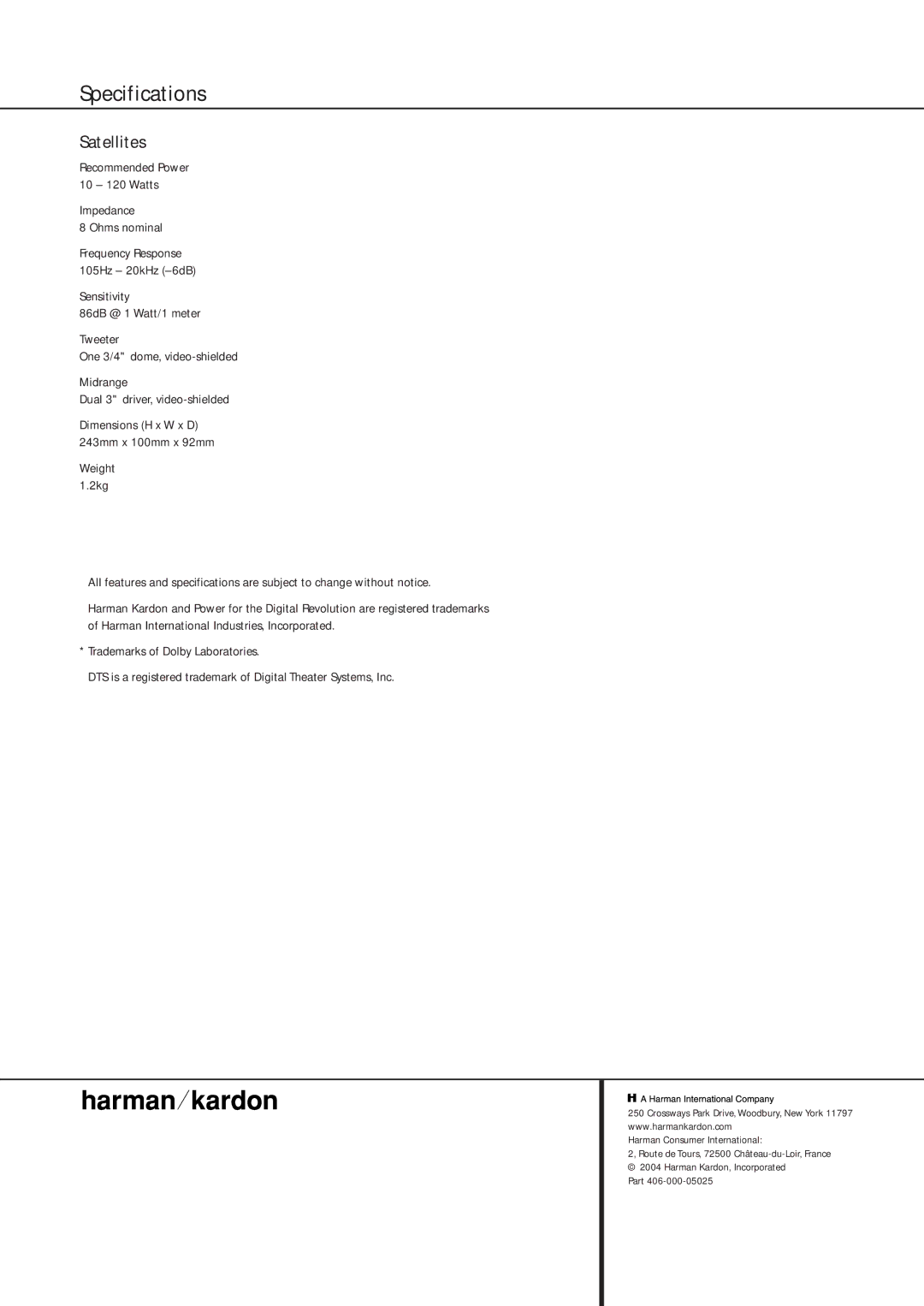 Harman-Kardon HKS 4 owner manual Specifications, Satellites 