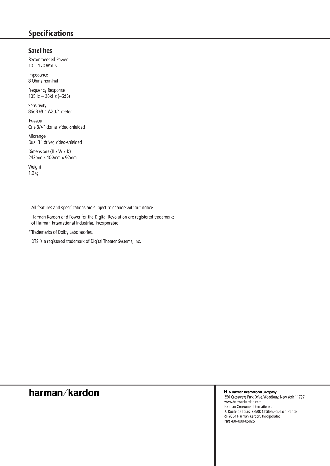 Harman-Kardon HKS 4 owner manual Specifications, Satellites 