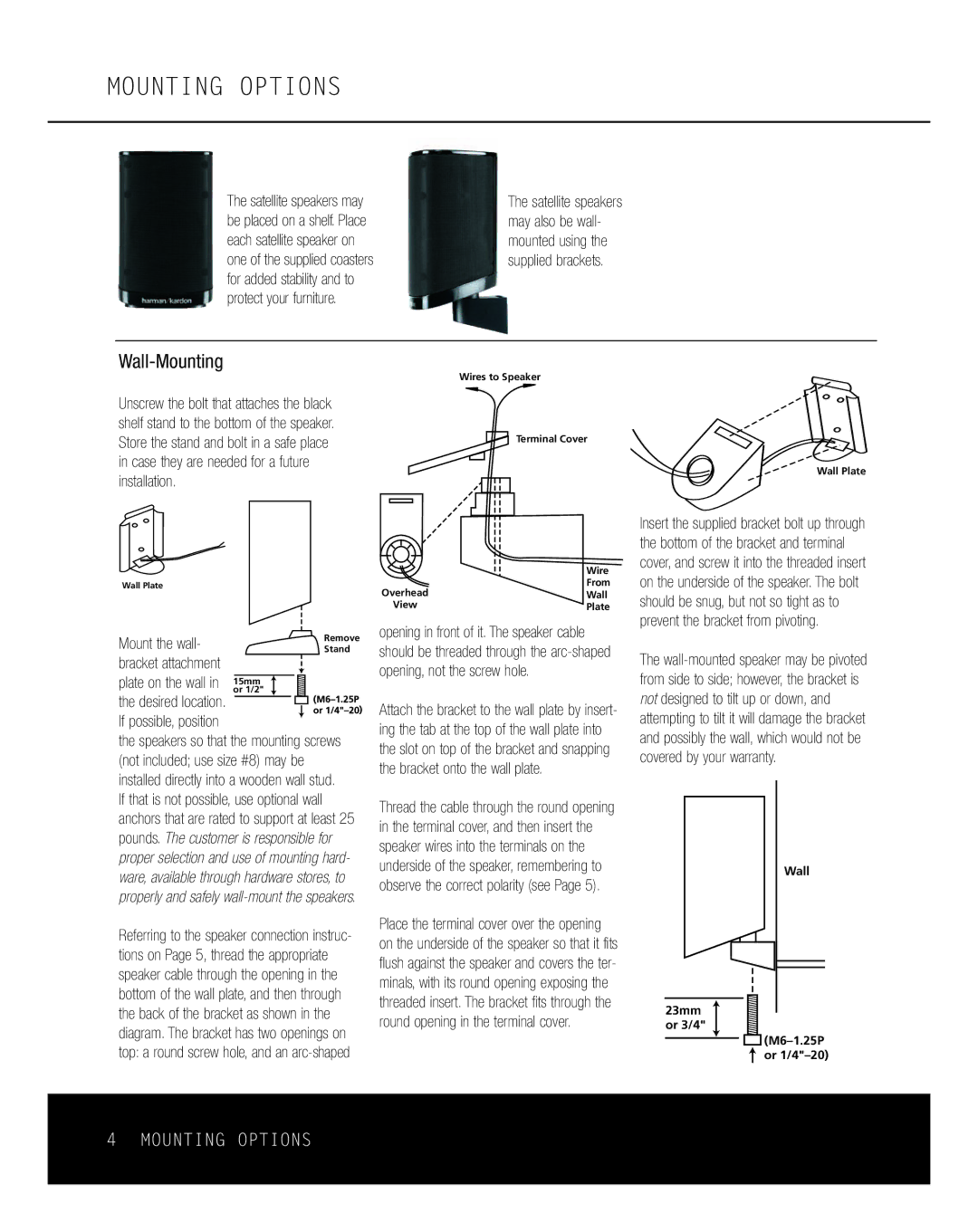 Harman-Kardon HKS 6 owner manual Mounting Options, Wall-Mounting 