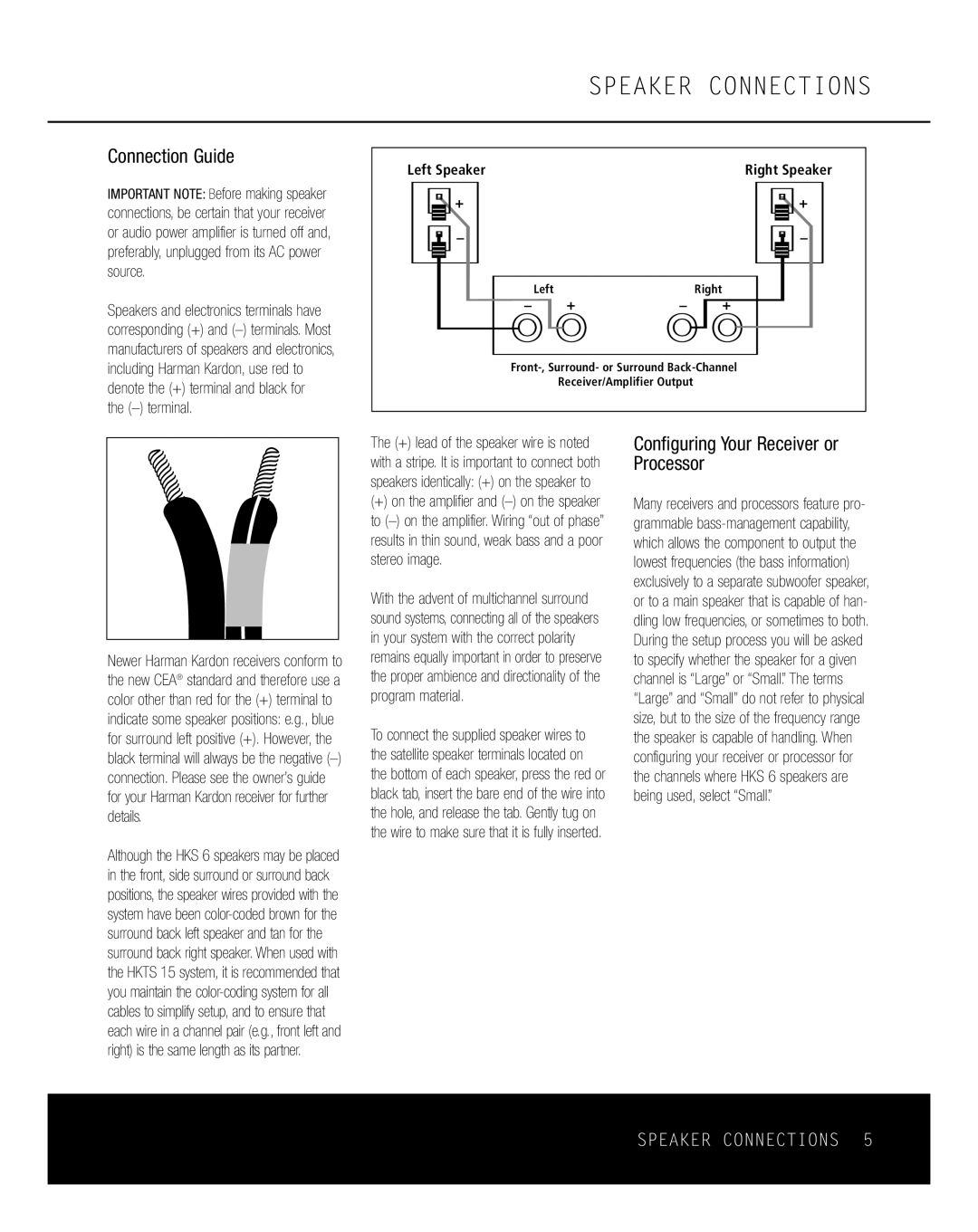 Harman-Kardon HKS 6 owner manual Speaker Connections, Connection Guide, Configuring Your Receiver or Processor, Terminal 