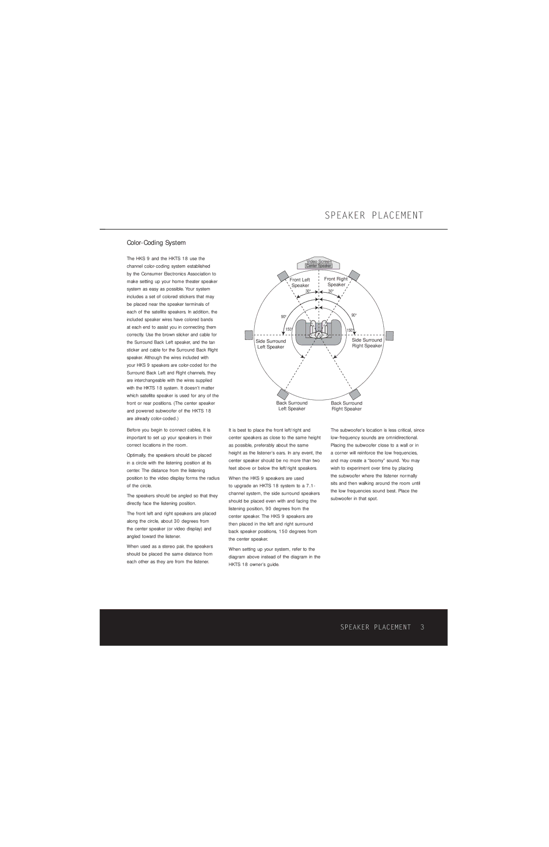 Harman-Kardon owner manual Speaker Placement, Color-Coding System, When the HKS 9 speakers are used 