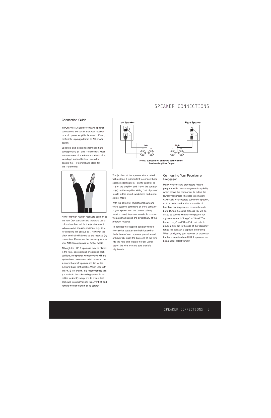 Harman-Kardon HKS 9 owner manual Speaker Connections, Connection Guide, Configuring Your Receiver or Processor, Terminal 