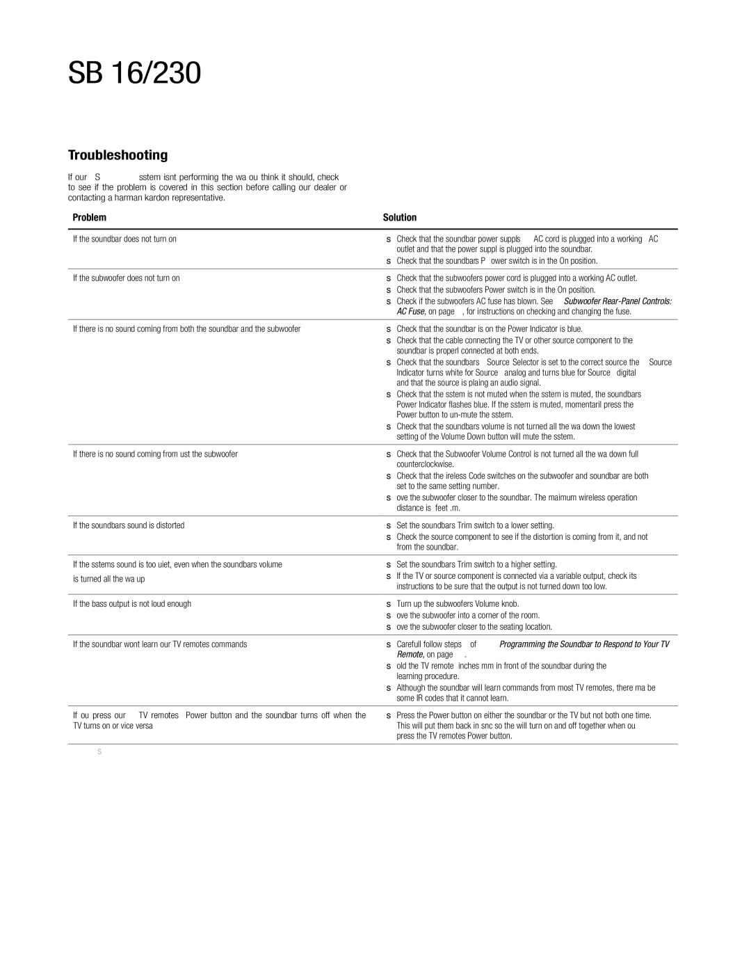 Harman-Kardon HKSB16BLK owner manual Troubleshooting, Problem Solution 