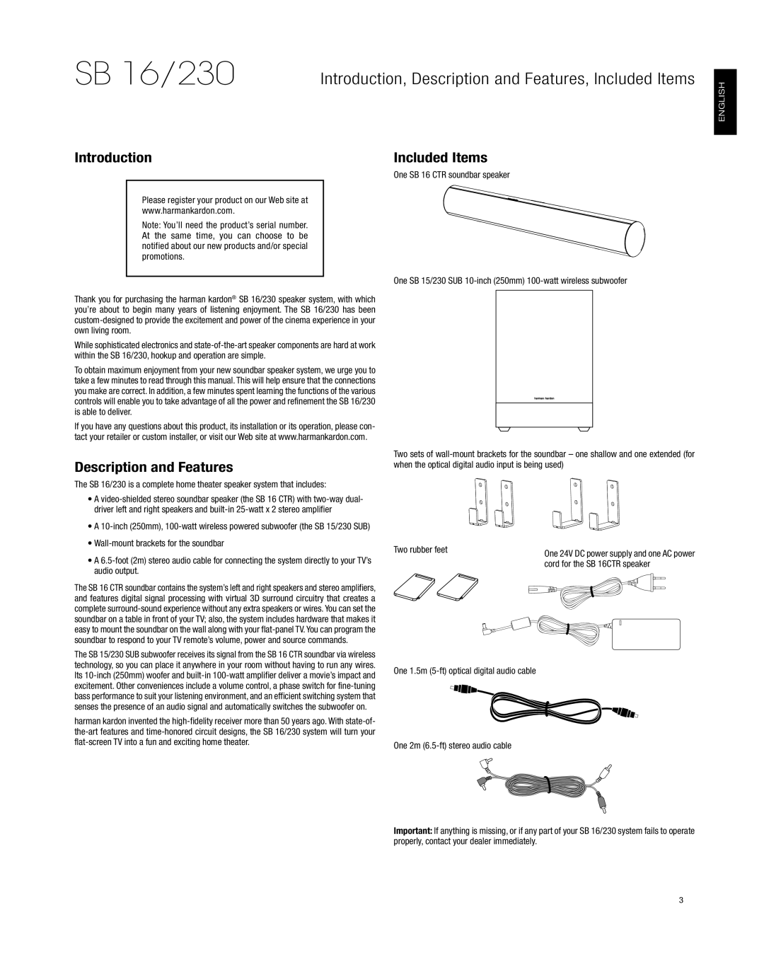 Harman-Kardon HKSB16BLK owner manual Introduction Included Items, Description and Features, Cord for the SB 16CTR speaker 