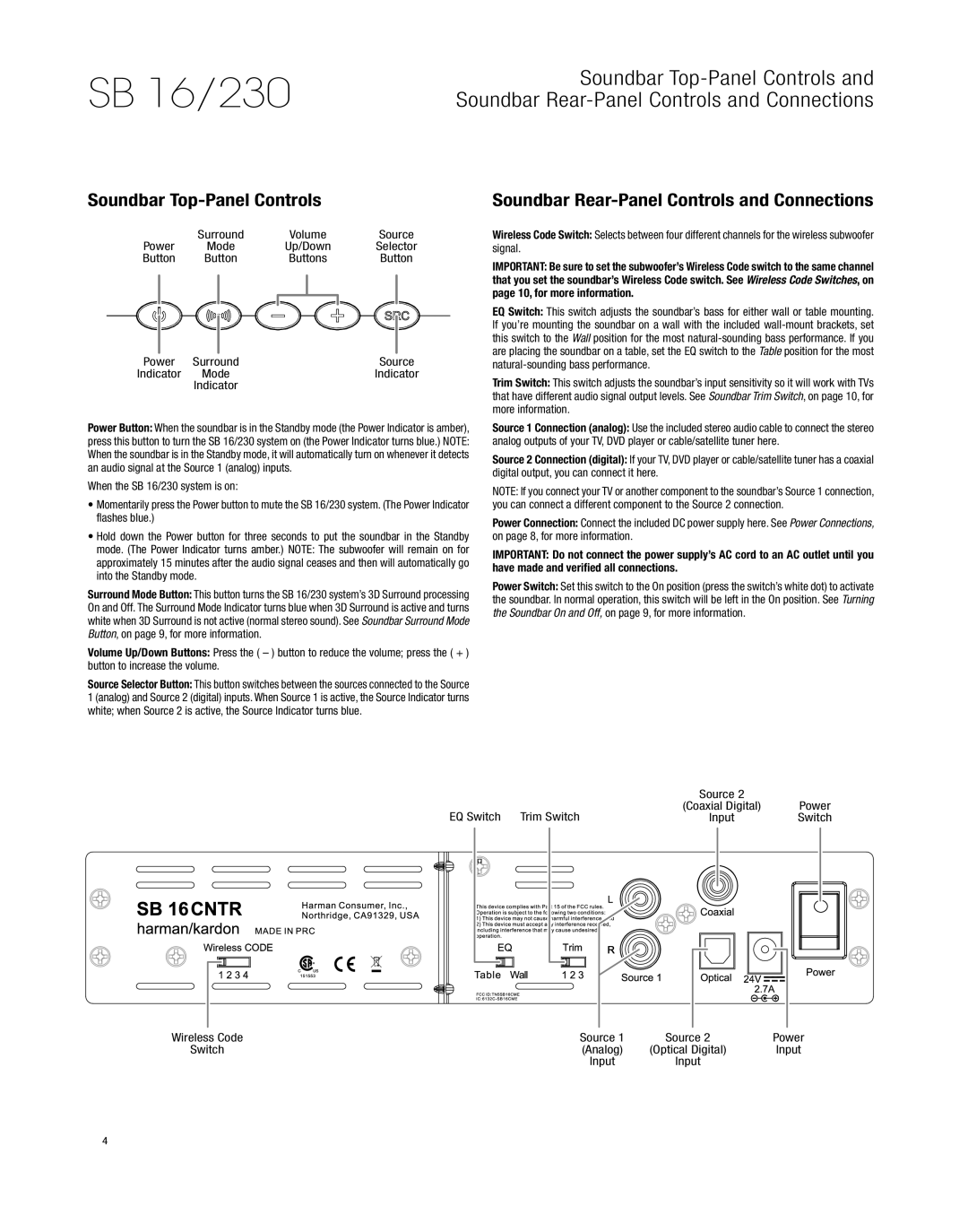 Harman-Kardon HKSB16BLK owner manual Soundbar Top-Panel Controls, Soundbar Rear-Panel Controls and Connections 