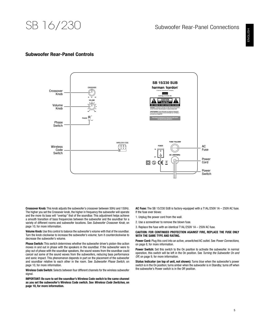 Harman-Kardon HKSB16BLK owner manual Subwoofer Rear-Panel Connections, Subwoofer Rear-Panel Controls, Fuse, Cord 