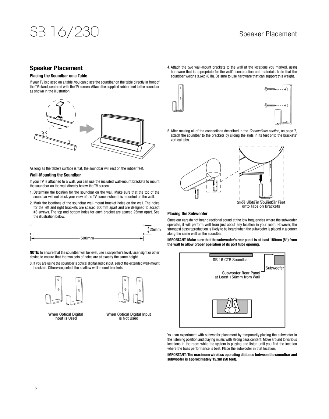 Harman-Kardon HKSB16BLK owner manual Speaker Placement, Placing the Soundbar on a Table, Wall-Mounting the Soundbar 