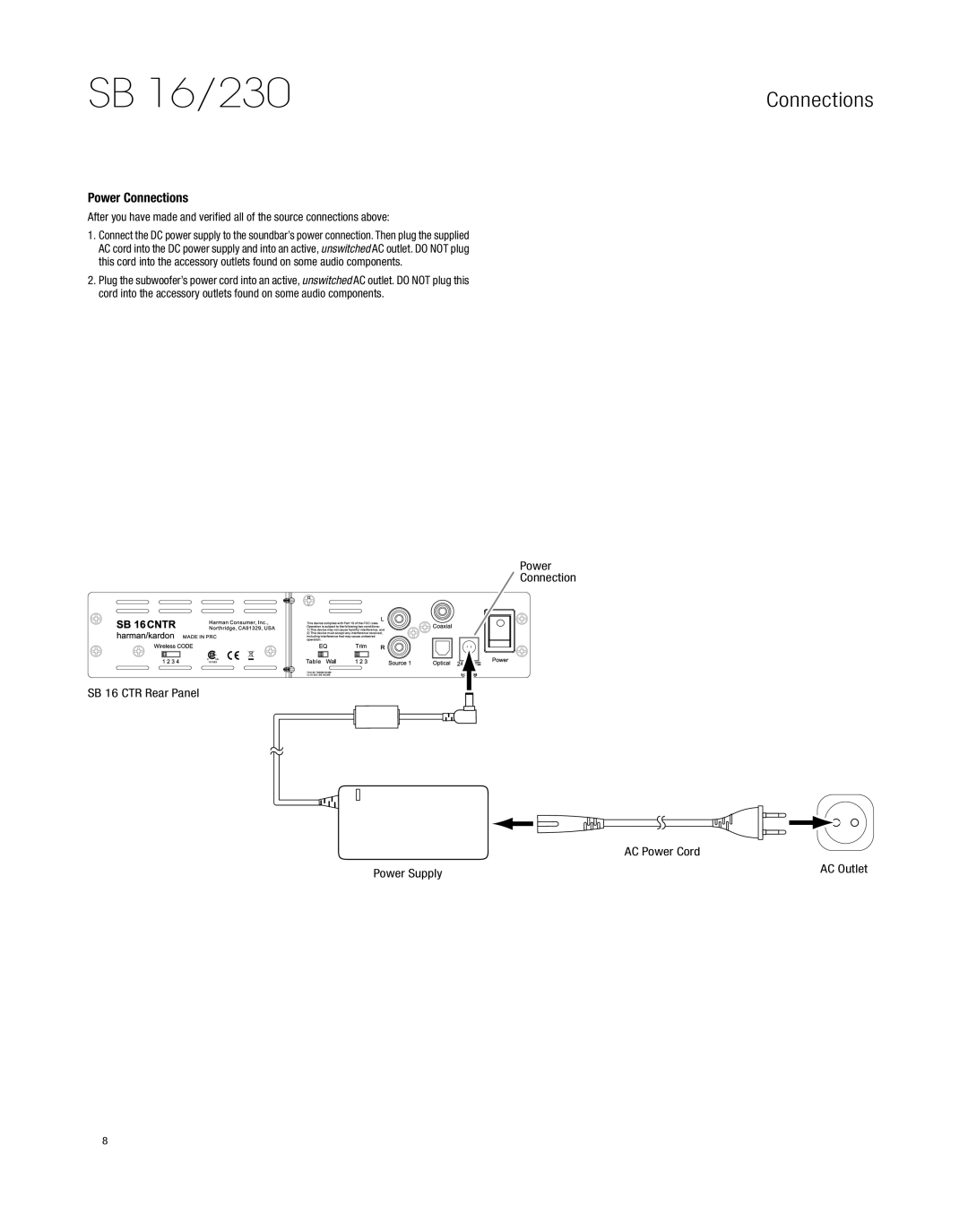 Harman-Kardon HKSB16BLK owner manual Power Connections 