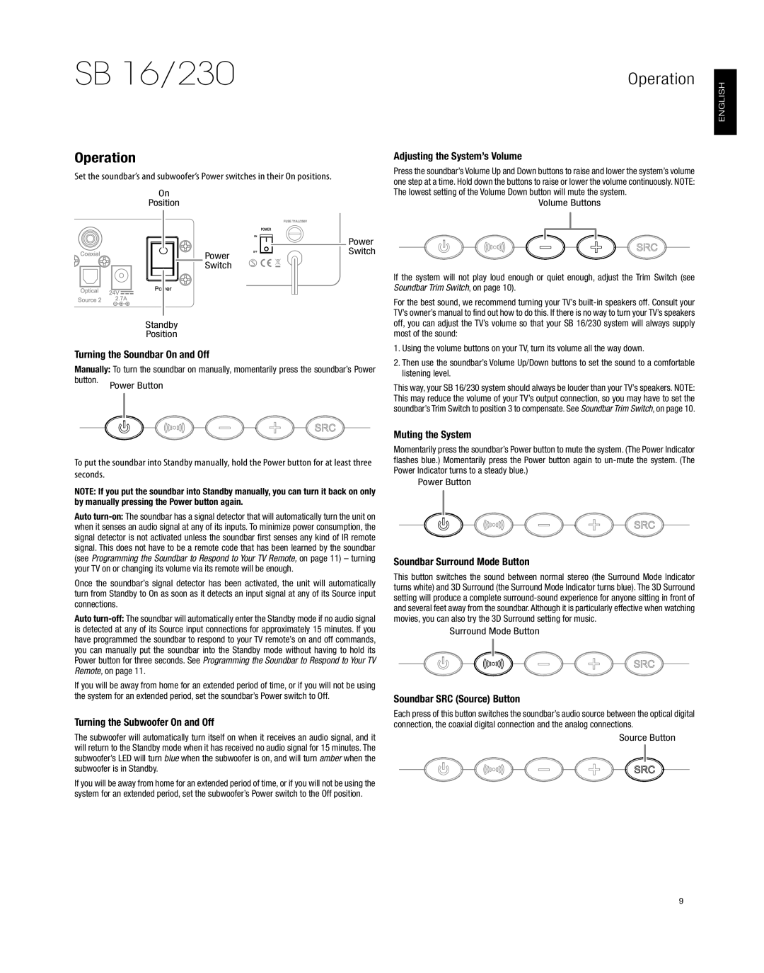 Harman-Kardon HKSB16BLK owner manual Operation 