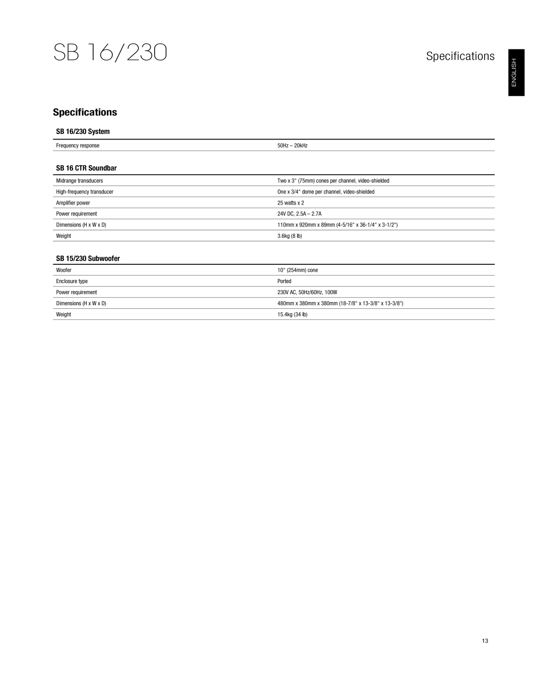 Harman-Kardon HKSB16BLK owner manual Specifications, SB 16/230 System, SB 16 CTR Soundbar, SB 15/230 Subwoofer, English 