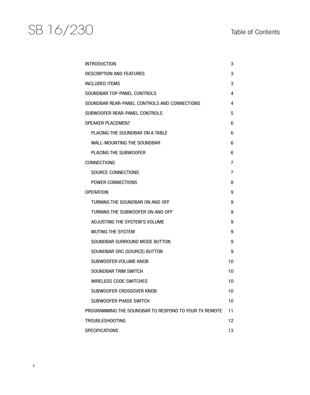 Harman-Kardon HKSB16BLK owner manual SB 16/230, Table of Contents 