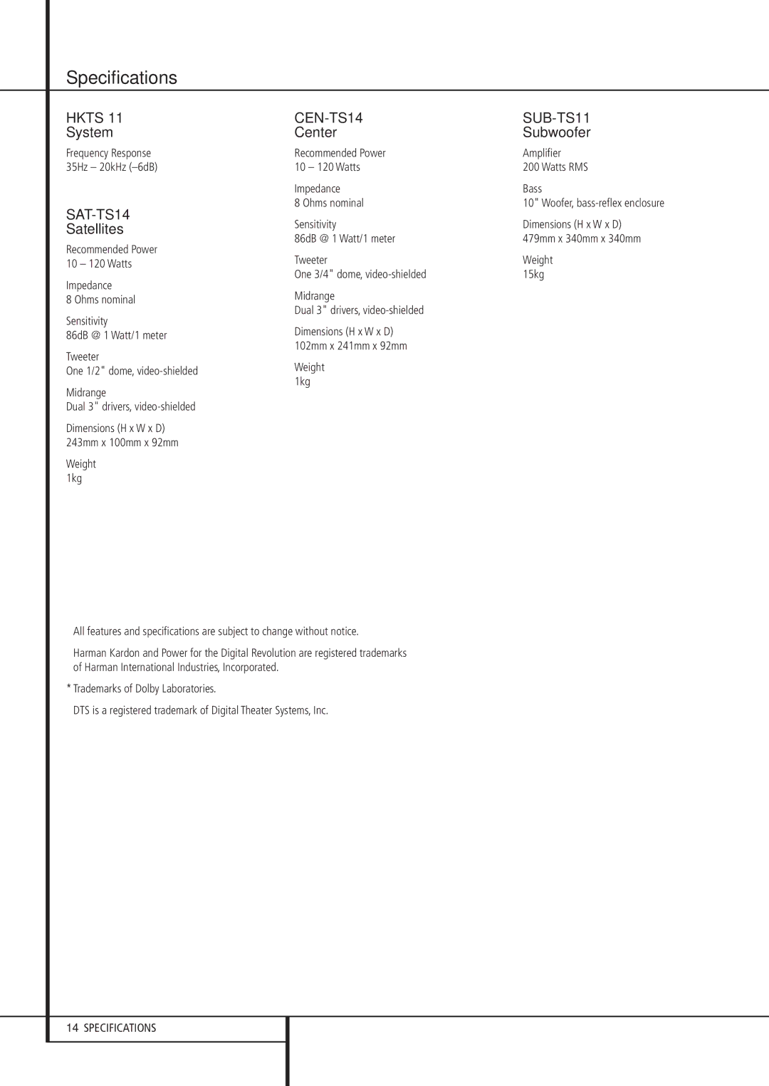 Harman-Kardon HKTS 11 owner manual Specifications, System, Satellites, Center Subwoofer 