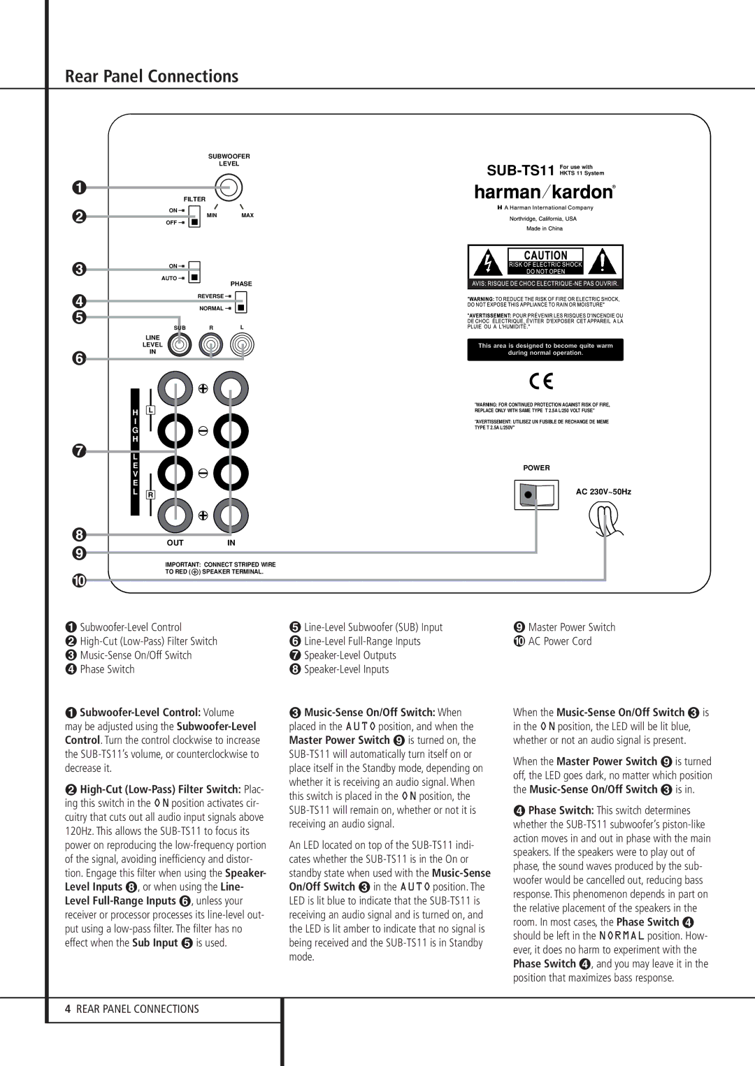 Harman-Kardon HKTS 11 Rear Panel Connections, Subwoofer-Level Control Volume, Level Full-Range Inputs , unless your 