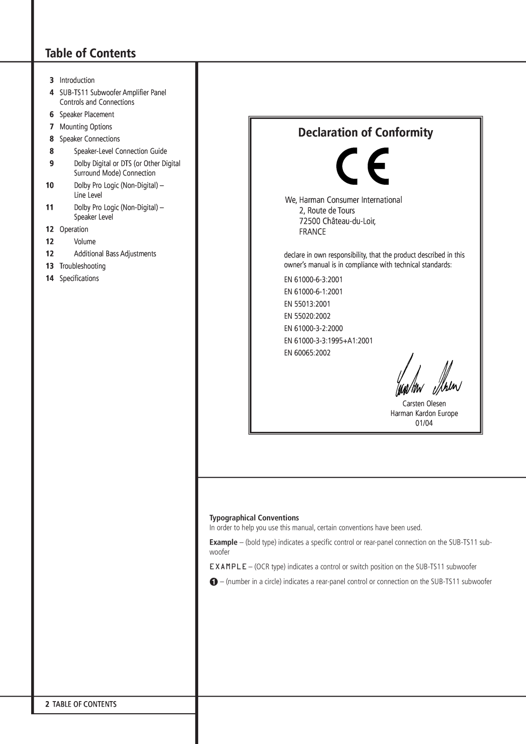 Harman-Kardon HKTS 11 owner manual Table of Contents, Declaration of Conformity, Typographical Conventions 