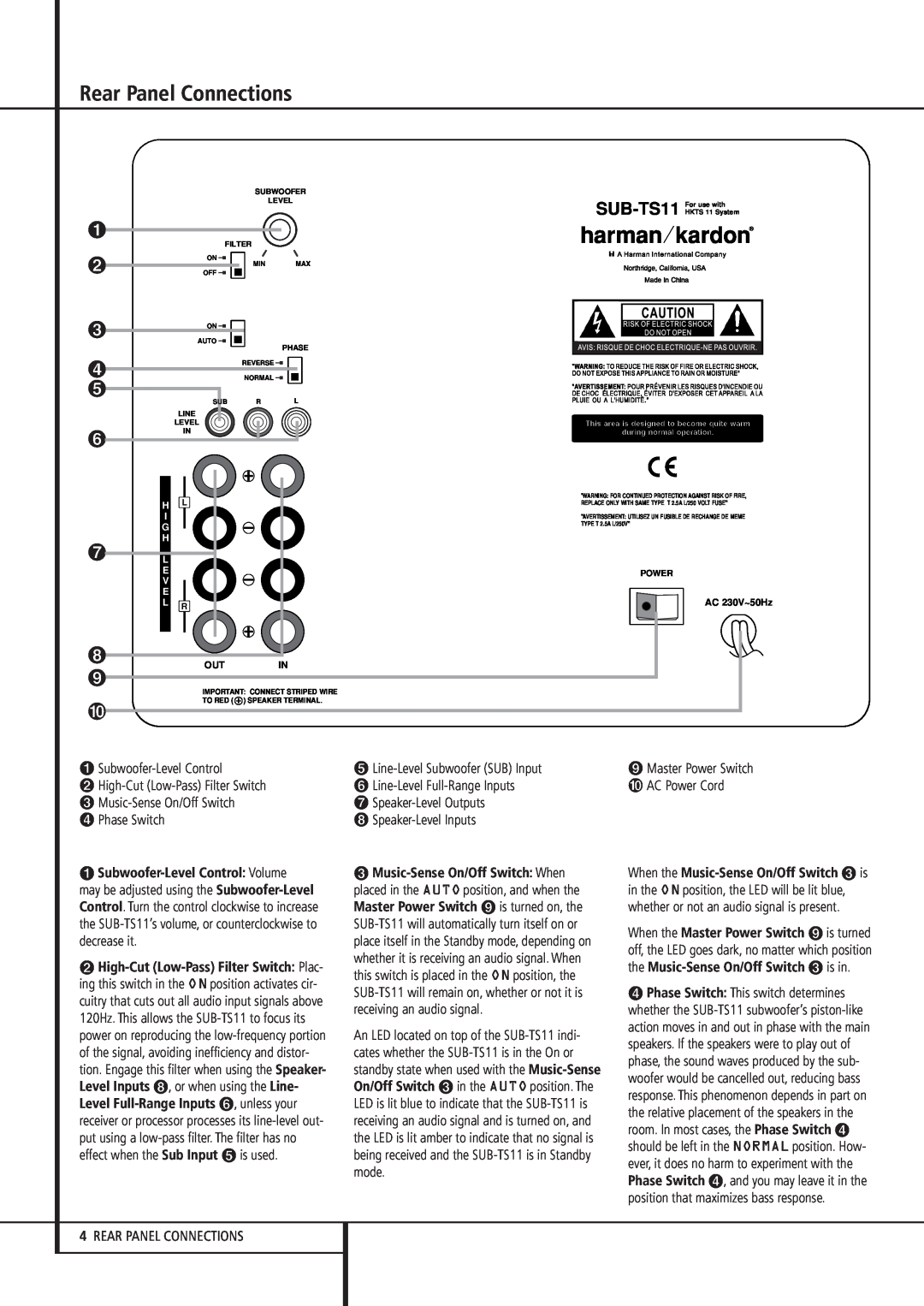Harman-Kardon HKTS 11 Rear Panel Connections, Subwoofer-LevelControl Volume, Level Full-RangeInputs , unless your 