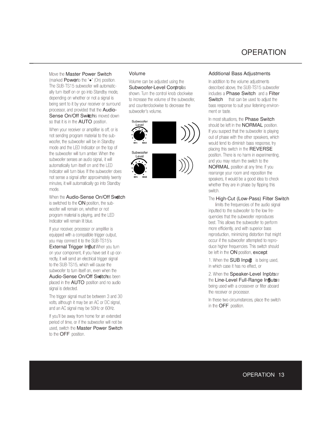 Harman-Kardon HKTS 15 owner manual Operation, High-Cut Low-Pass Filter Switch 