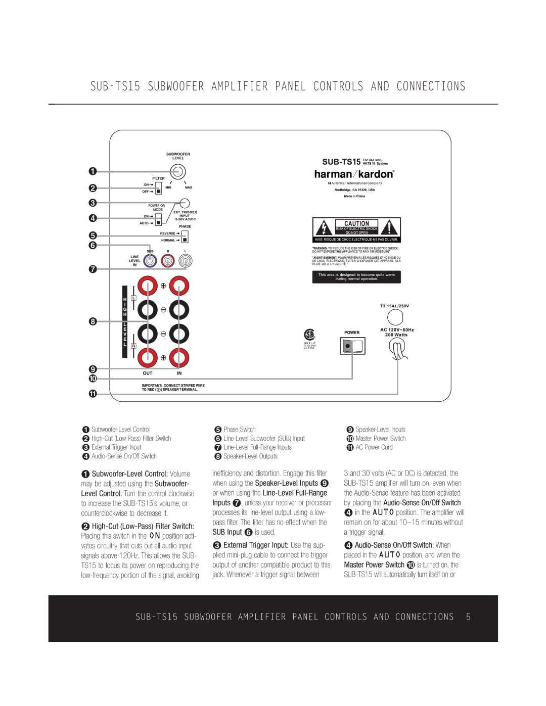 Harman-Kardon HKTS 15 ¡ Subwoofer-Level Control, ¢ Audio-Sense On/Off Switch, ∞ Phase Switch, Speaker-Level Outputs 