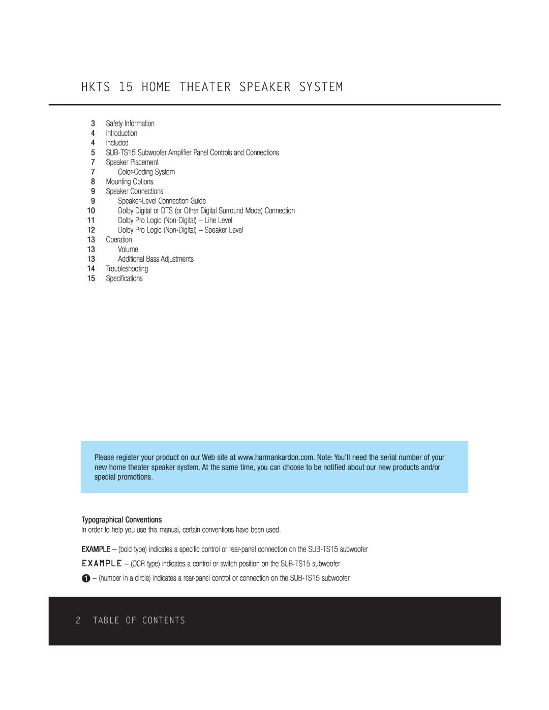 Harman-Kardon owner manual HKTS 15 HOME THEATER SPEAKER SYSTEM, Table Of Contents 