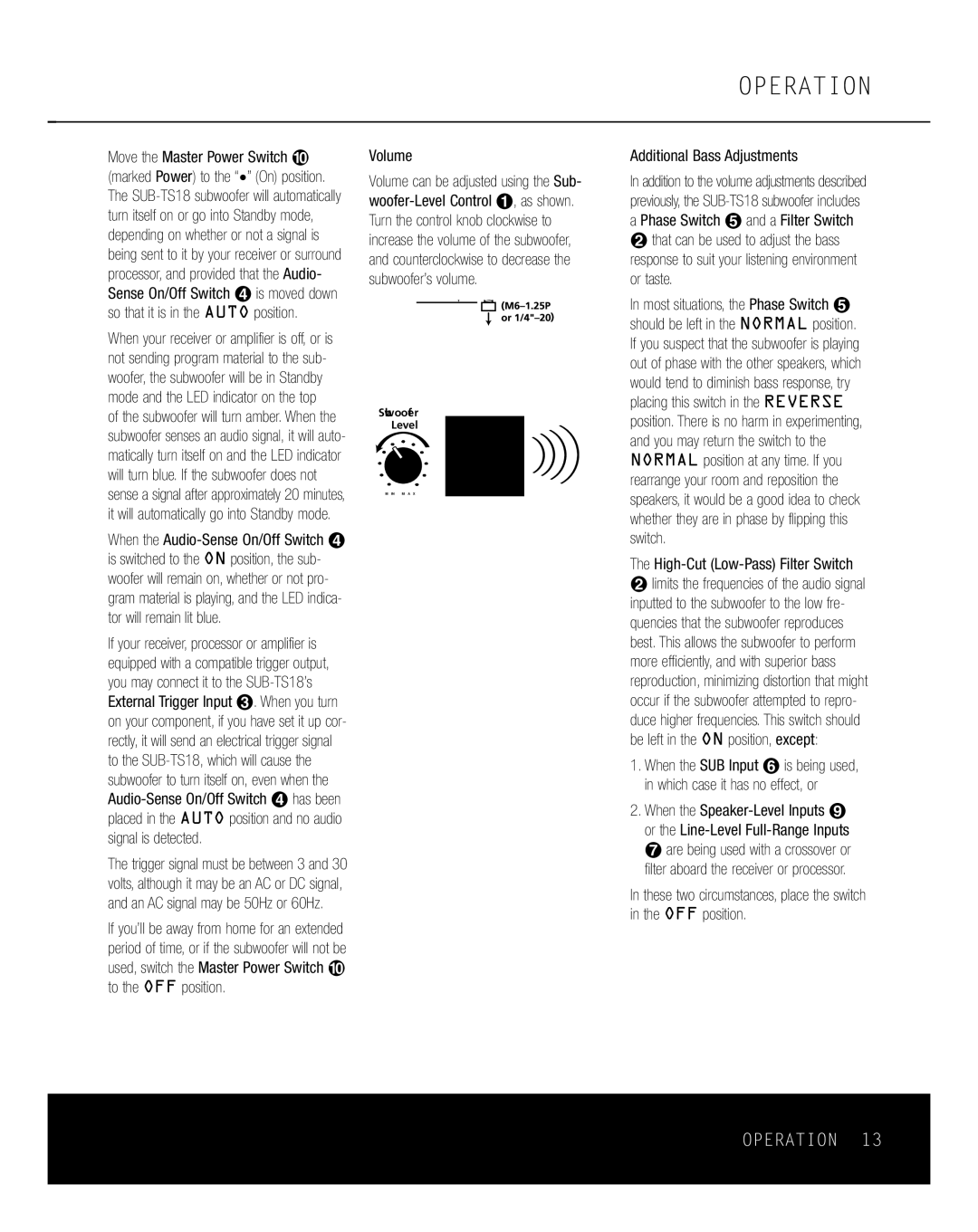 Harman-Kardon HKTS 18 owner manual Operation, High-Cut Low-Pass Filter Switch 