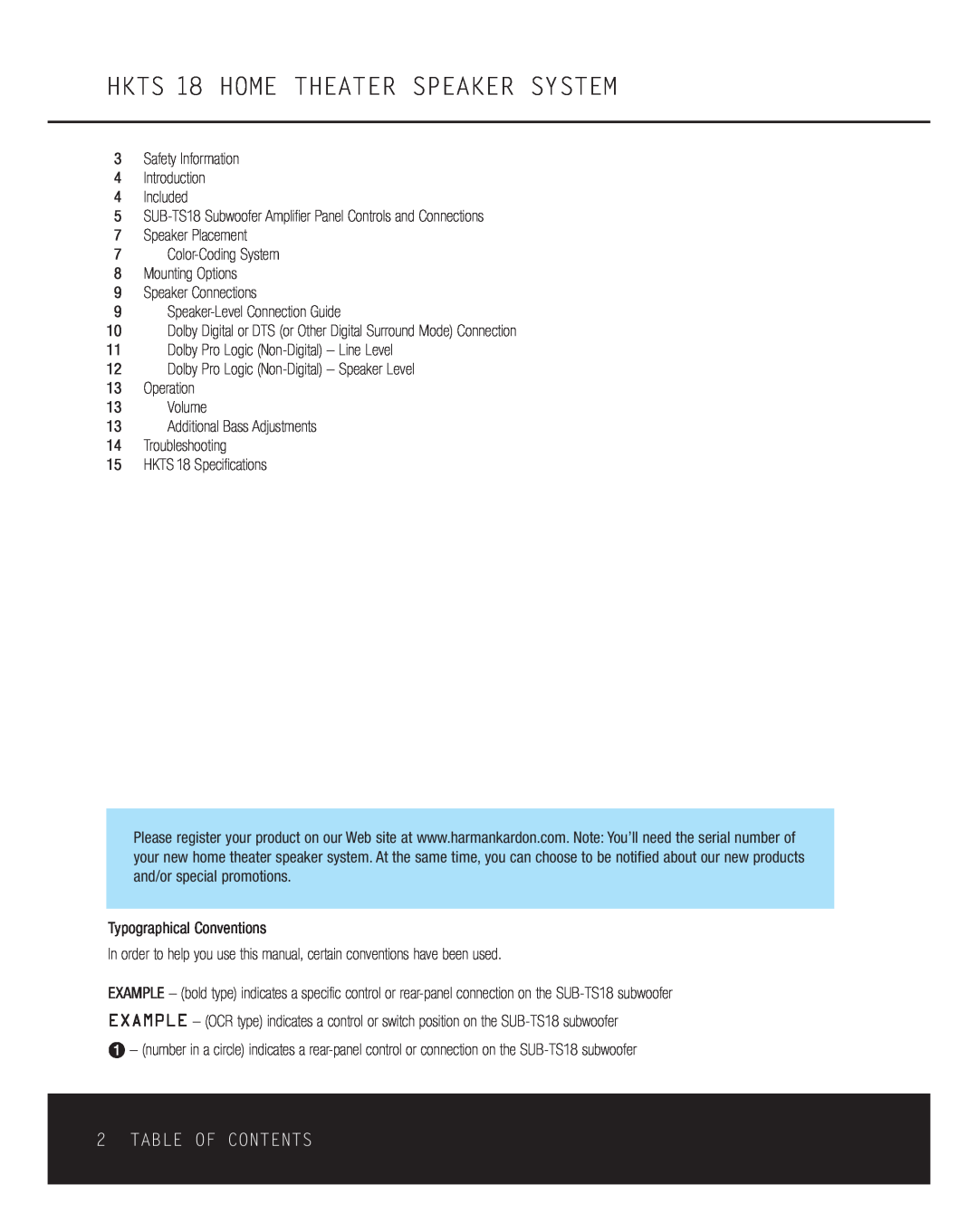 Harman-Kardon owner manual HKTS 18 HOME THEATER SPEAKER SYSTEM, Table Of Contents 